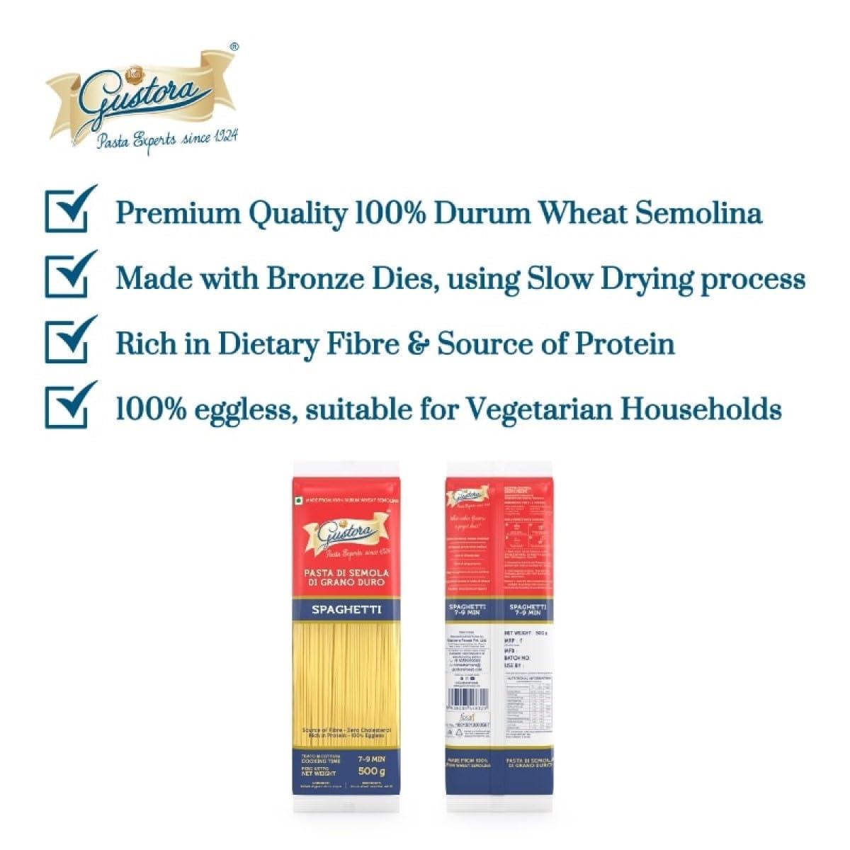 Gustora GUSTORA Spaghetti Pasta, 500 Grams (Pack of 2) I Pasta Combo Made of Durum Wheat Semolina I Rich in Protein & Fibre I Vegetarian I Zero Cholesterol I No Trans-Fat I Cooking Time 10 Min - 500G