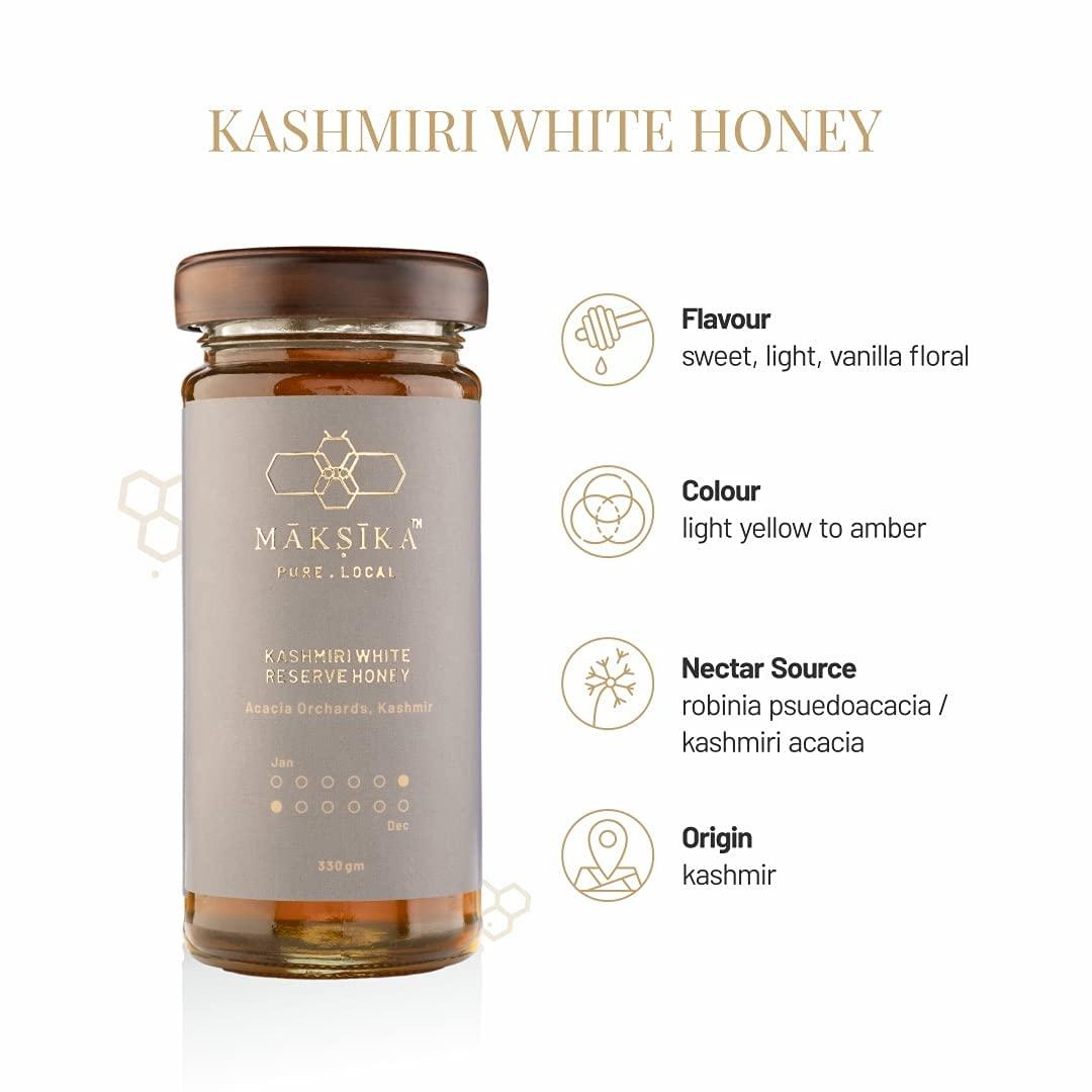 Maksika Maksika Kashmiri White Honey | Organic Honey Bottle - 330gms | Kashmiri Acacia Nectar with Light Vanilla Taste | Best paired with Chamomile or White Tea and Fresh Ricotta Cheese