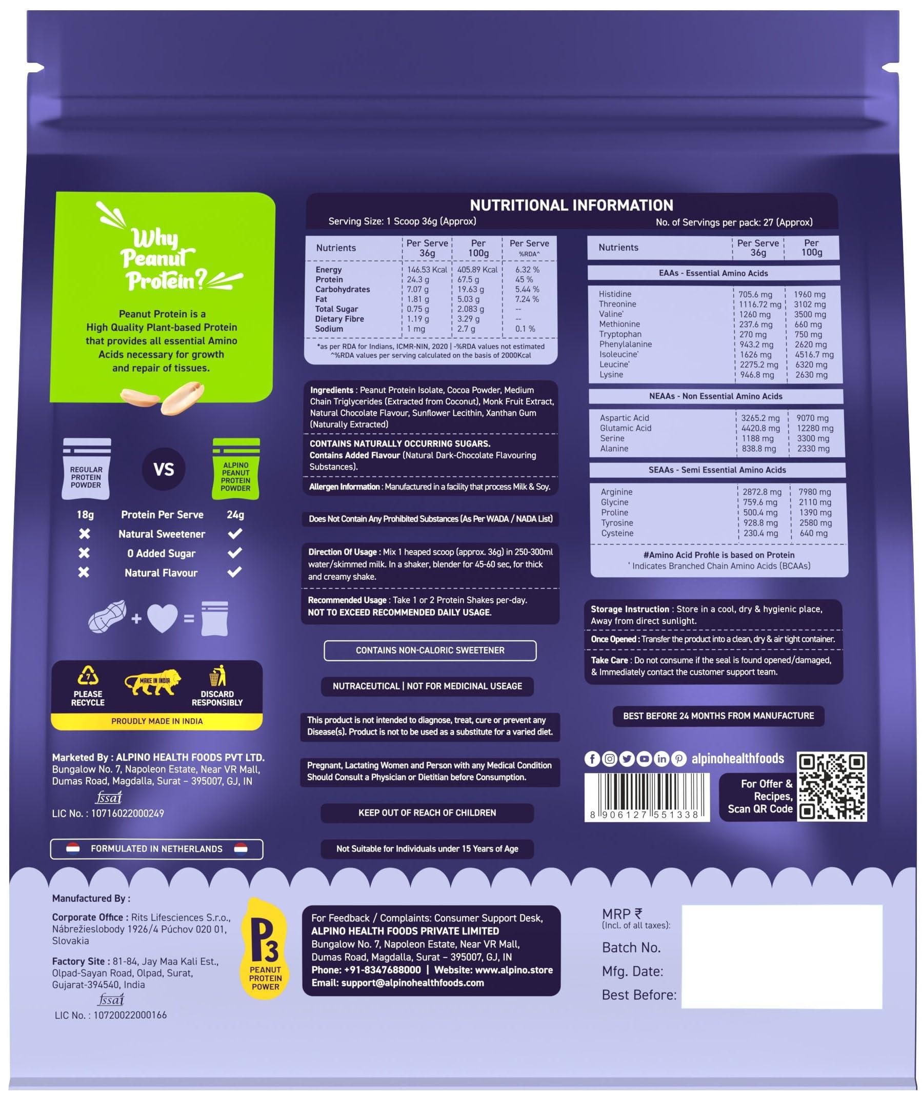 Alpino Alpino Supernatural Peanut Protein Powder Dark Chocolate 1kg - 100% Plant-Based, High-Performance Protein - 24g Protein, 5.1g BCAAs, No Added Sugar, Gluten-Free, Non-GMO, Vegan