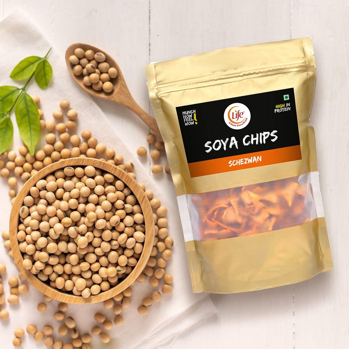 Life Life SOYA Chips Fiber Gluten Free | Schezwan | Flavour (Each-150g) Namkeen & Protein Snack Evening Party Munch Anytime Crunch |Pack of 4| (Combo Pack - 600g)