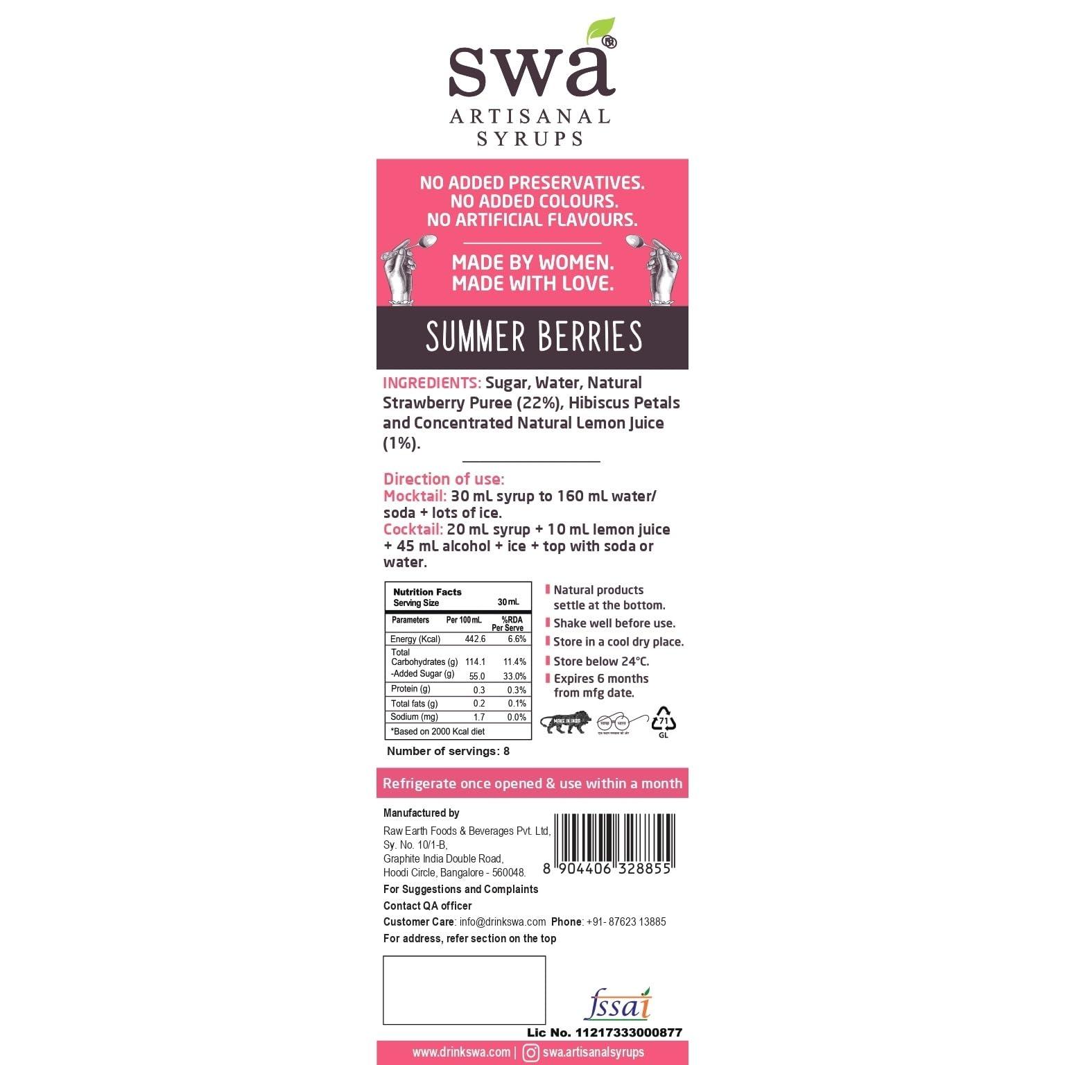 Swa Artisanal Syrups Swa Artisanal Syrups - Summer Berries, 100% Natural, Combo Pack of 2 Makes 24-30 Drinks, Syrup for Cocktails / Mocktails / Kid’s Lemonades / Pancakes (250ml x 2)