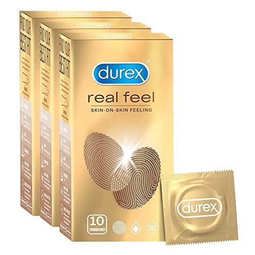 Durex Durex Real Feel Condoms For Men - 10 Count (Pack Of 3)| Latex Free & Intense Condoms For Her - 10 Count | Dotted And Ribbed Condom With Desirex Gel