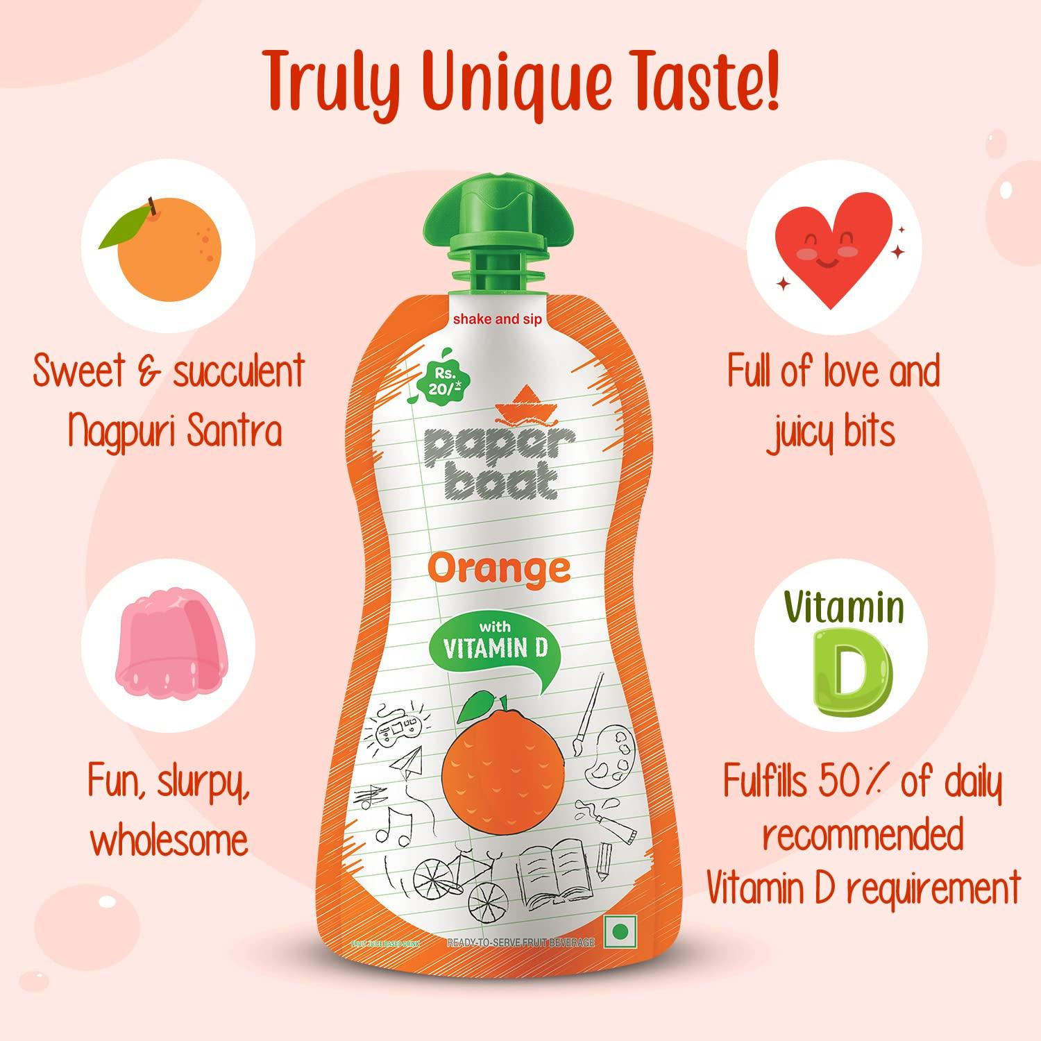 Paper Boat Paper Boat Orange Juice, Enriched with Vitamin D (Pack of 9, 150ml each) & Paper Boat Lychee Juice, Litchi Jelly Drink Enriched with Vitamin D (Pack of 9, 150ml each), Pink
