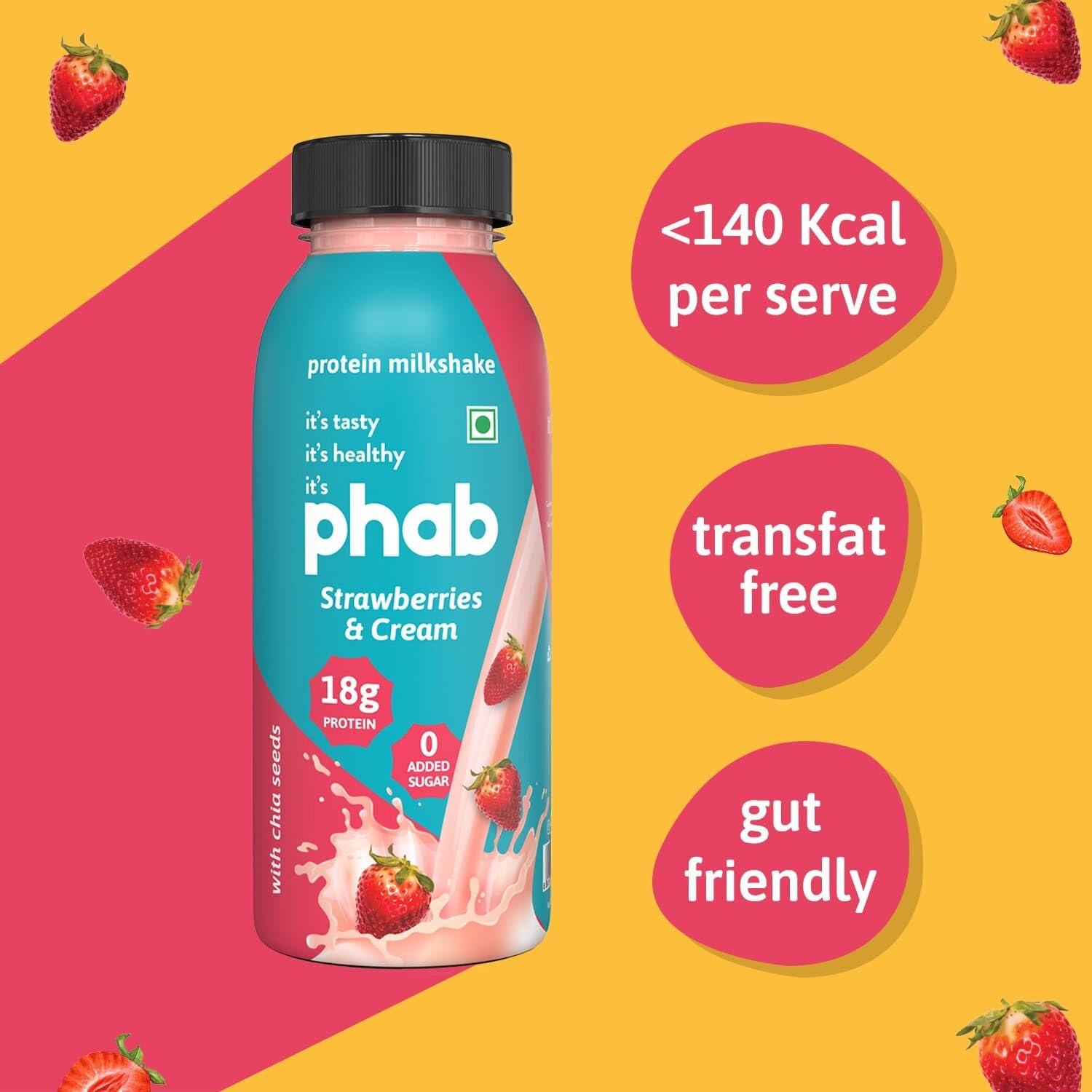 Phab Phab Strawberry Protein Milkshakes(200Ml, Pack Of 24) With 18G Protein & No Added Sugar | Gluten-Free & Gut-Friendly, Trans Fat Free | Healthy & Delicious Protein Shake