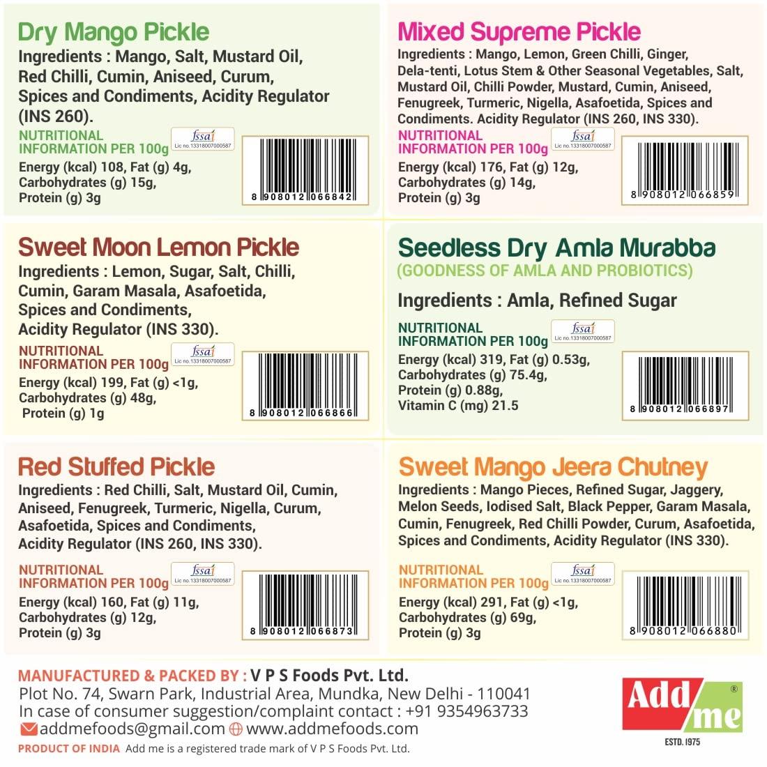 Add me Add Me 6 In1 Combo Pickle Mix Pickle 200Gm, Amla Murabba 200Gm, Mango Pickle 150Gm, Lemon Pickle 200Gm, Chilli Pickle 200Gm, Sweet Mango Jeera Chutney 200Gm