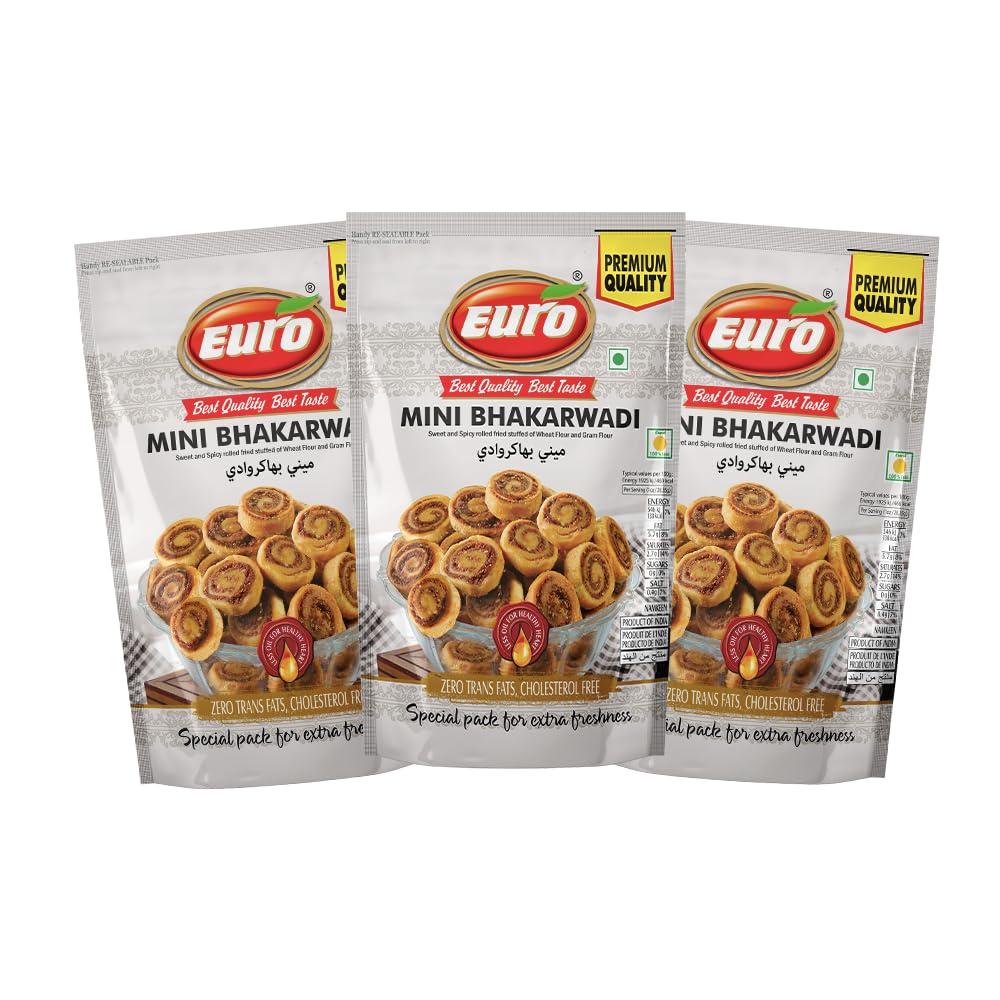 EURO Euro Delights: Mini Bhakarwadi - 350gm Pack of 3 | Sweet and Spicy Rolled Fried Stuffed of Wheat Flour and Gram Flour | Chai Time Snack | Ready to Eat Bhakarwadi Snacks | Indian Namkeen Snacks