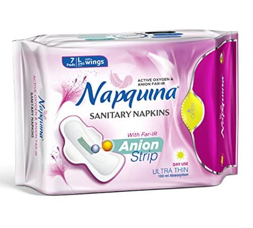 NAPQUINA Napquina Anion Sanitary Pads for Women with Active Oxygen - Organic Rash-Free Ultra-Thin Cotton Soft Negative Ion Pads for Day and Night Use with Wings - (Large 240 mm - 1, X-Large 280 mm - 3)