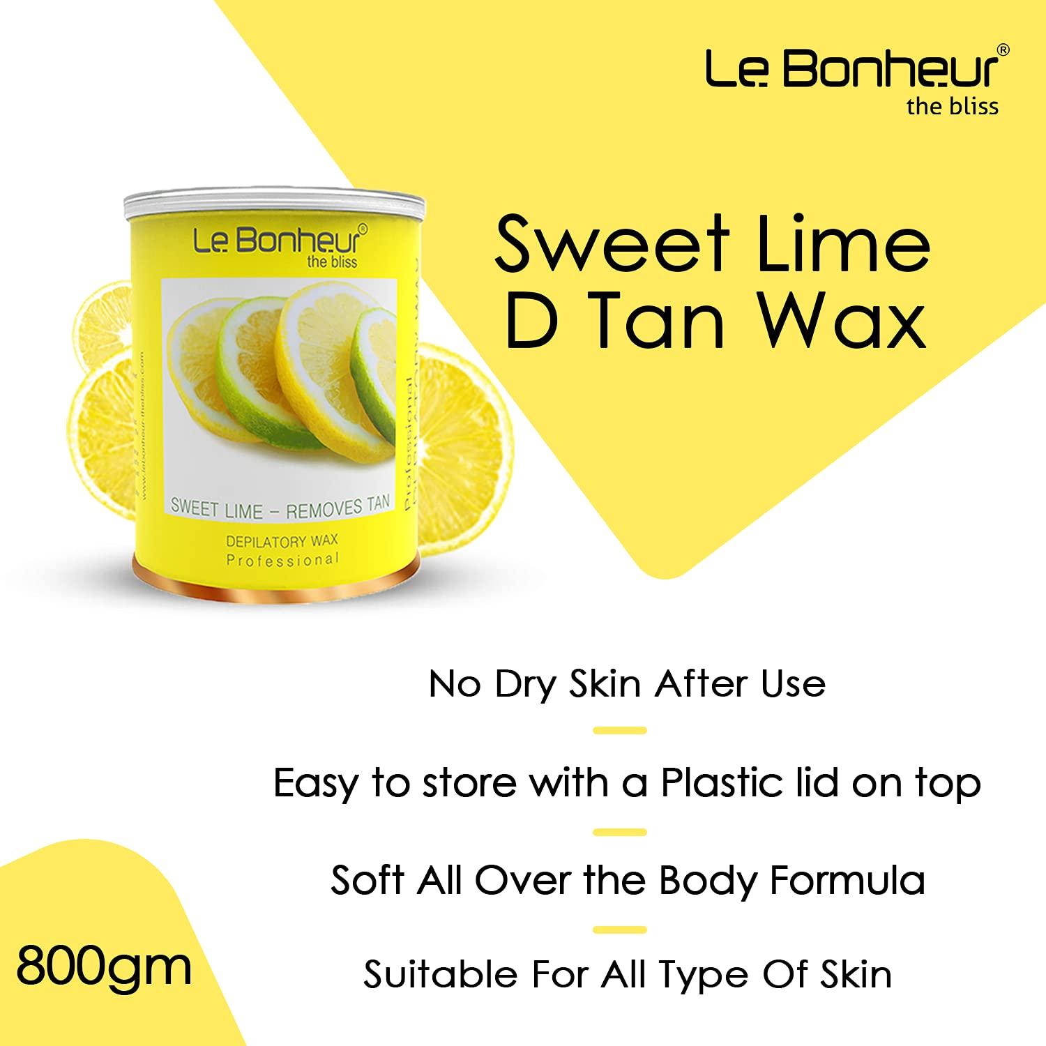 Le Bonheur.. Le Bonheur Sweet Lime D Tan Wax | Suitable Hair And Tan Removal | Perfect Bridal Wax | Its Summer Remove Tan | No Dry Skin After Use | For All Type Of Skin | Free Pre Wax Gel and Post Wax Oil | 800gm (Pack of 3)