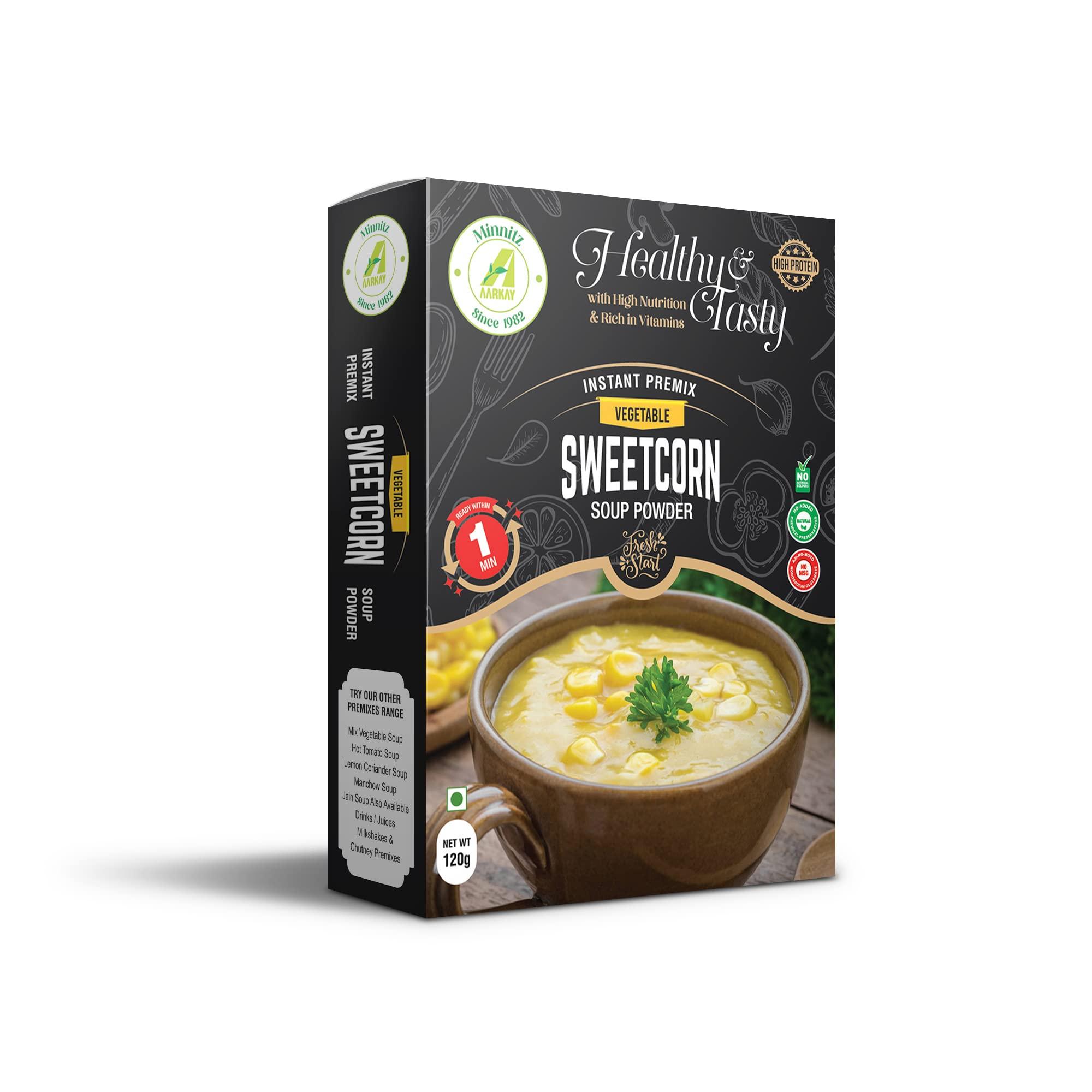 AARKAY Minnitz Fresh and Delicious Sweet corn Veg Soup | Instant Mix | No Added Preservatives | No Chemical | Instant Sweet corn Mix 480g(48 Servings)