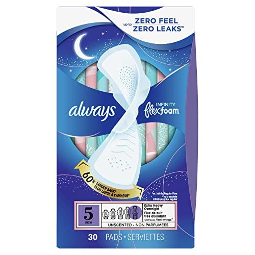 Always Always Infinity FlexFoam Pads for Women Size 5 Extra Heavy Overnight Absorbency, Up to 12 Hours Zero Leaks, Zero Feel Protection, with Wings Unscented, 30 Count