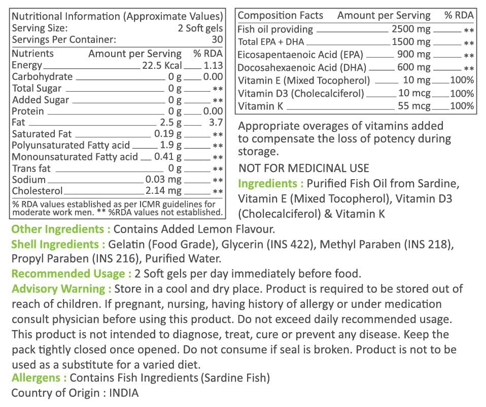 Muscle Nectar Muscle Nectar (MN) Omega 3 Fish Oil Triple Strength 2500mg for Men & Women - Molecularly Distilled (1500mg EPA/DHA) (60 Soft gels)