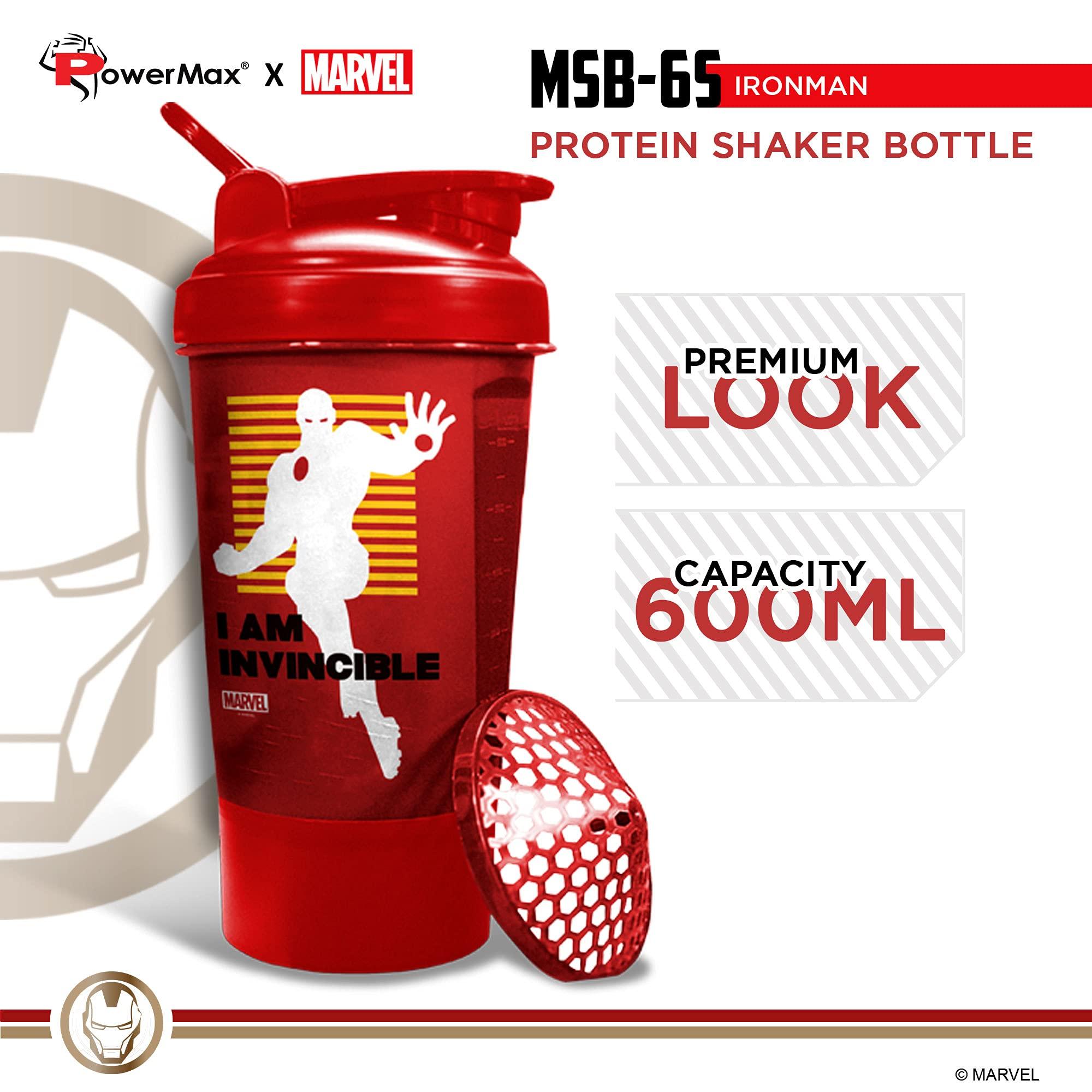 PowerMax Fitness PowerMax Fitness X Marvel MSB-6S Iron Man Marvel Edition Shaker Bottle 600ml, 100% Leakproof Guarantee Sipper Bottle Ideal for Protein, Pre-Workout & BCAAS, BPA Free, Plastic (Red, Pack of 1)
