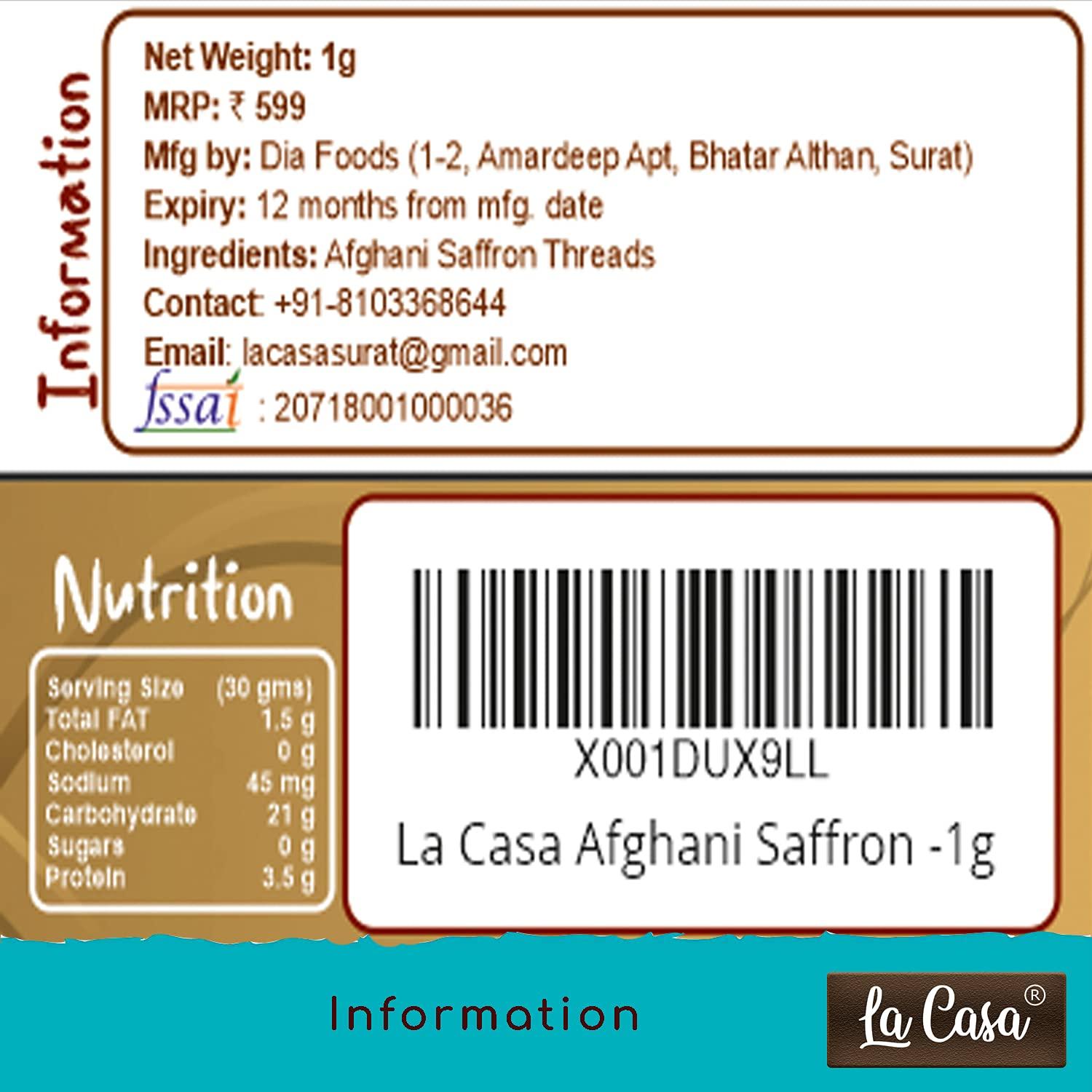 La Casa La Casa Afghani Saffron | Original Kesar | Premium A++ Grade Keshar | Purest Finest Zafran Threads | 1gm |