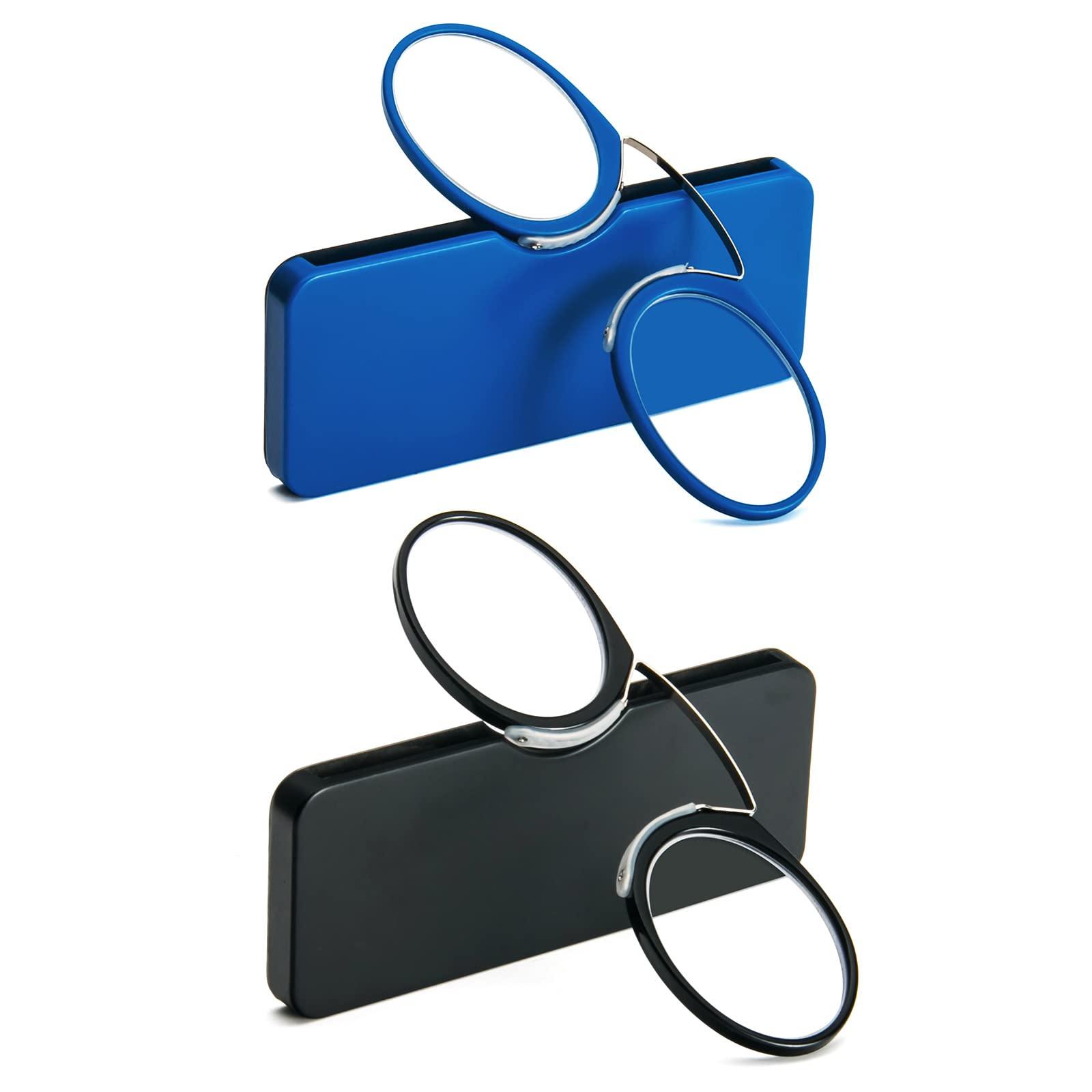 DXYXYO DXYXYO Slim Pocket Armless Clip on Nose Reading Glasses Men, Women 2 Pack Mini Compact Thin Readers with Small Portable Case, 1.5+ Black and Blue
