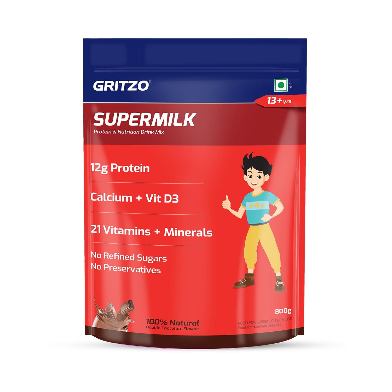 Gritzo Gritzo SuperMilk Daily Nutrition (13+y Teen Athletes), 12g Protein (Double Chocolate, 1kg) | Zero Refined Sugar, 21 Vitamins & Minerals