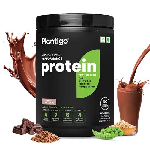 PLANTIGO Plantigo Clean Protein Powder Men & Women | 24g Plant Protein, 4.4g BCAA, 2g Leucine, 4g Fiber | No Sugar, No Dairy, No Preservatives | 4x Fast Digest, Stress & Muscle Recovery | Swiss Chocolate 500g