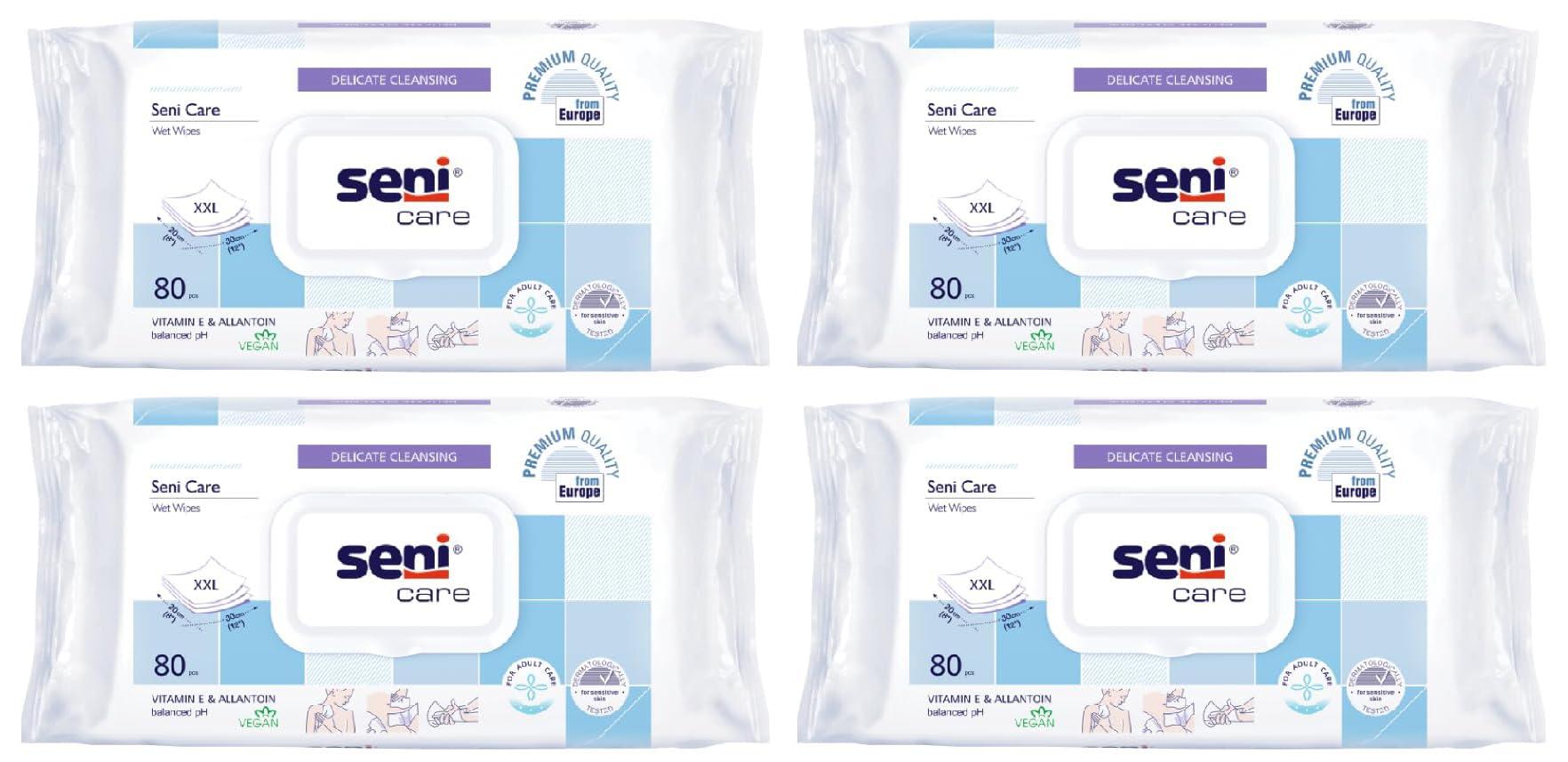 Seni Seni Care wet wipes for Adults | for sensitive skin |with vitamin E and allantoin| nourishes skin | vegan | balanced PH | delicate |dermatologically tested | ready to use bath wipes | white | Size XXL | Pack of 4 | Total 320 Pcs