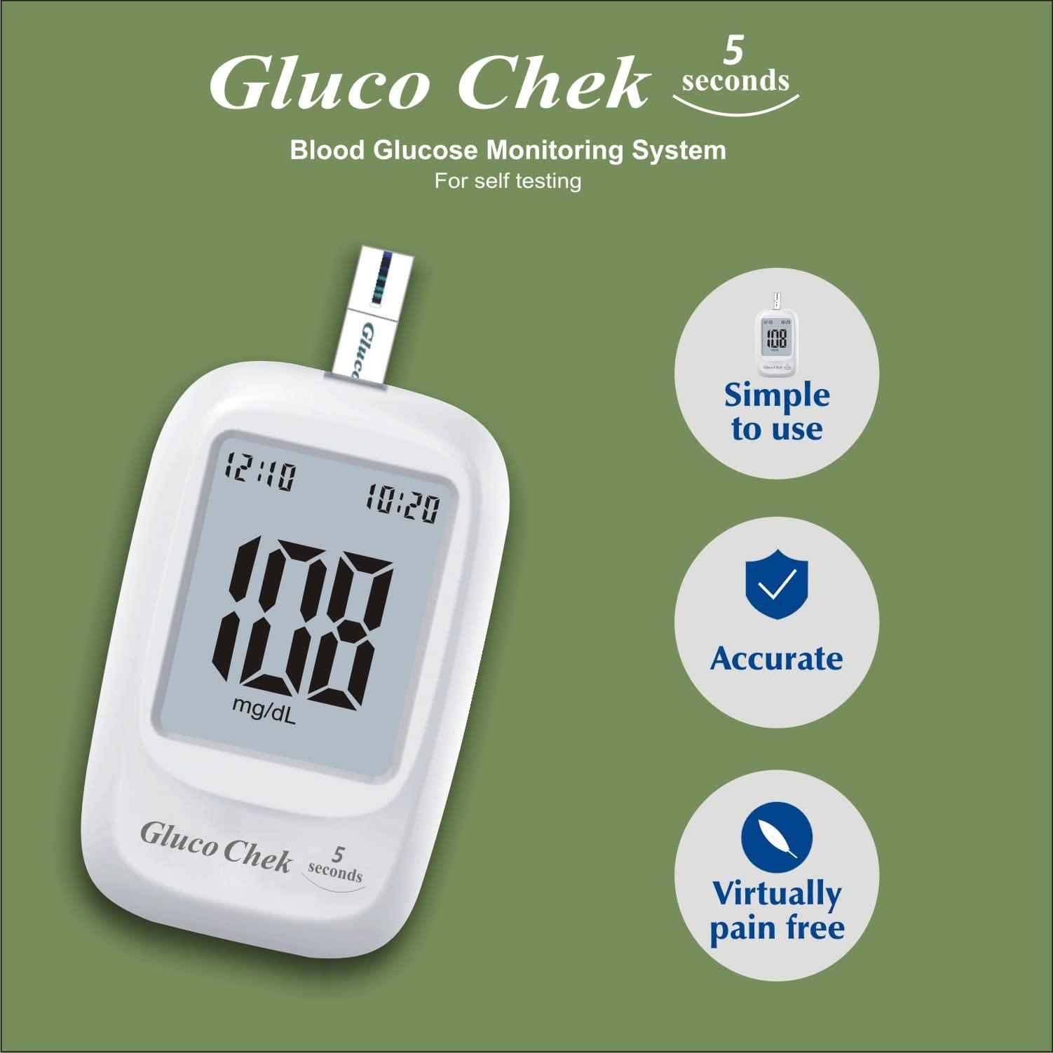Aspen Aspen Gluco Chek 5 Seconds Glucometer Blood Glucose Sugar Testing Machine With Vial Of 25 Strips, 10 Lancets and A Lancing Device For Accurate Blood Sugar Testing at home