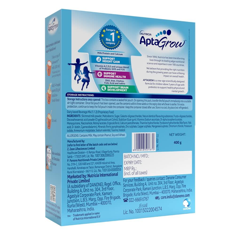 AptaGrow AptaGrow Milk Drink Powder for Kid s Height Gain, Immunity & Brain Development, Nutritious & Tasty Vanilla Flavor, 400g | 37 Nutrients | Prebiotics | Low Fat | Veg | Pack of 2
