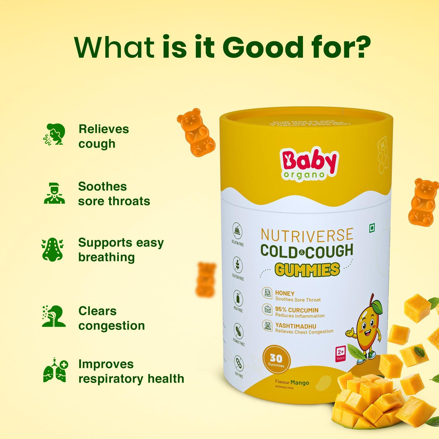 Babyorgano Babyorgano Nutriverse Cough & Cold Relief Gummies For Kids (2-15 Yrs) |30 Gummies |Relieve Dry Cough, Throat Irritation|Non-Drowsy, Ayurveda Inspired Formula, No Gelatin, Gluten, Dairy|Mango Flavor