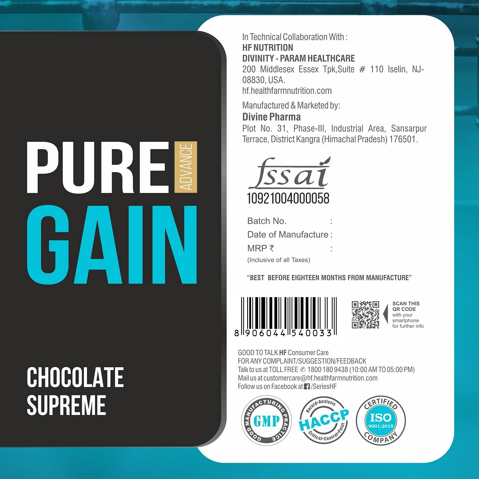 HF Series HF Series Pure Gain Mass Gainer Powder | High-Calorie | Weight Gainer Powder | 48g Protein | 11.01g BCAAs | 8.66g Glutamic Acid | Chocolate Supreme | 3kg / 6.6lbs