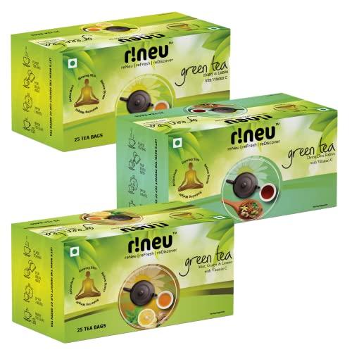 r!neu r!neu Green Tea | Detox Desi Kahwa + Honey & Lemon + Mint Ginger & Lemon | Added Vitamin C | 25 Tea Bags Each | Pack of 3