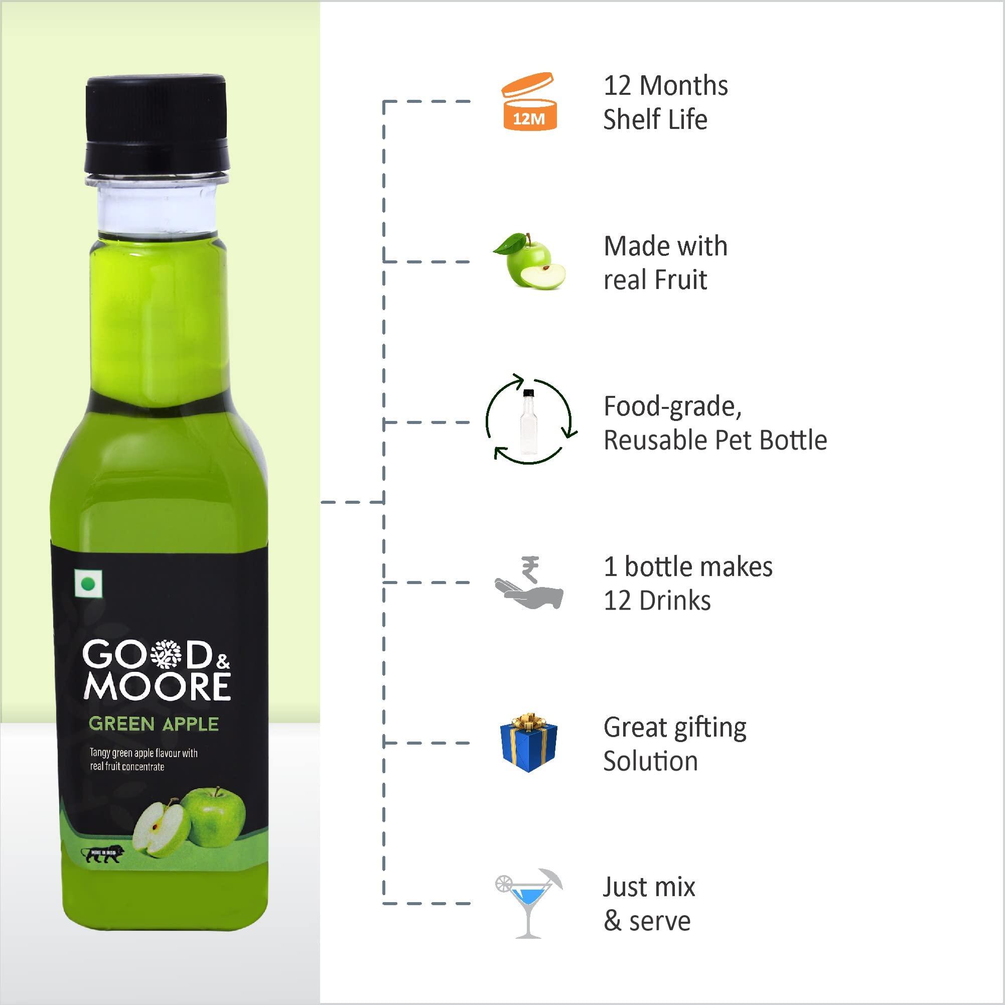 GOOD+MOORE GOOD&MOORE Green Apple Syrup | For Cocktails, Mocktails, Sodas, Ice-teas, Juices, Beverages and more | Concentrated Syrup | Ready to mix | Mixer | Premium Syrup | 250ml