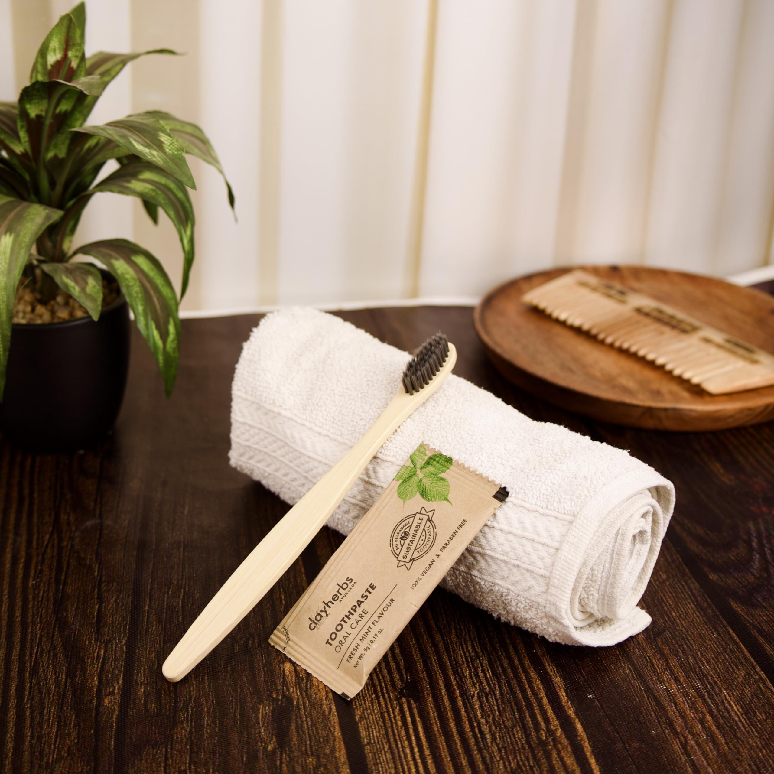 clayherbs Clayherbs (Pack-50) Sustainable Eco-Friendly Organic Bamboo Toothbrush and Toothpaste Sachet, Natural Flavor, Oral Care Biodegradable & Non-Toxic Hotel Dental Kit For Rooms