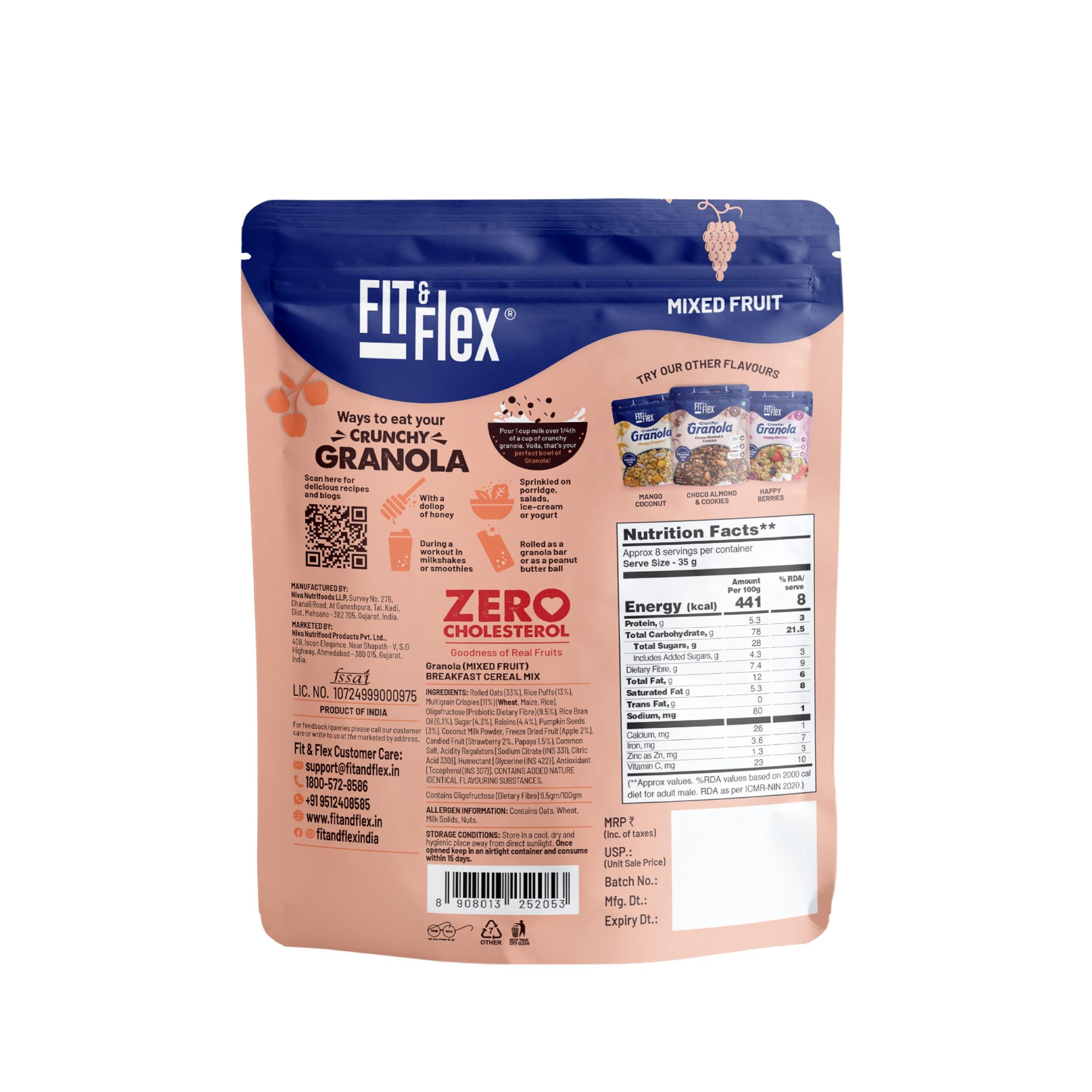 FIT & FLEX FIT & FLEX Baked Granola Mixed Fruit Oat Rich Cereal With Real Freeze Dried Fruits Ready To Eat Healthy Breakfast Food Cholesterol Free With Immunity Boosters As Seen On Shark Tank India 275 Gm