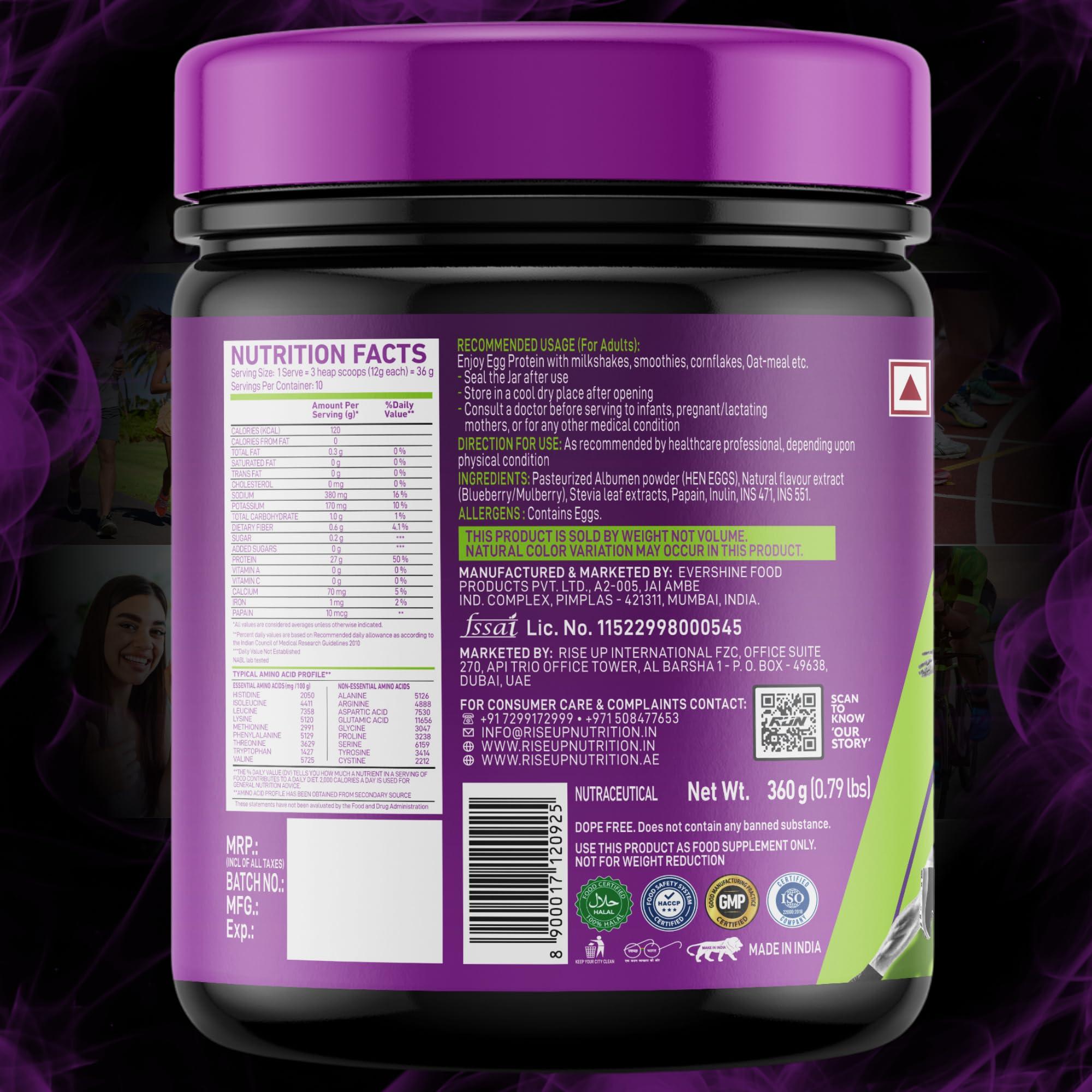 RUN RISE UP NUTRITION R.U.N-RISE UP NUTRITION Egg White Protein Powder for Athletes,Gym & Fitness Enthusiasts |27g Protein & 14g EAA|Lactose, Soy & Gluten Free Egg Albumen Protein Powder for Immunity, Berry Blast- 360gms