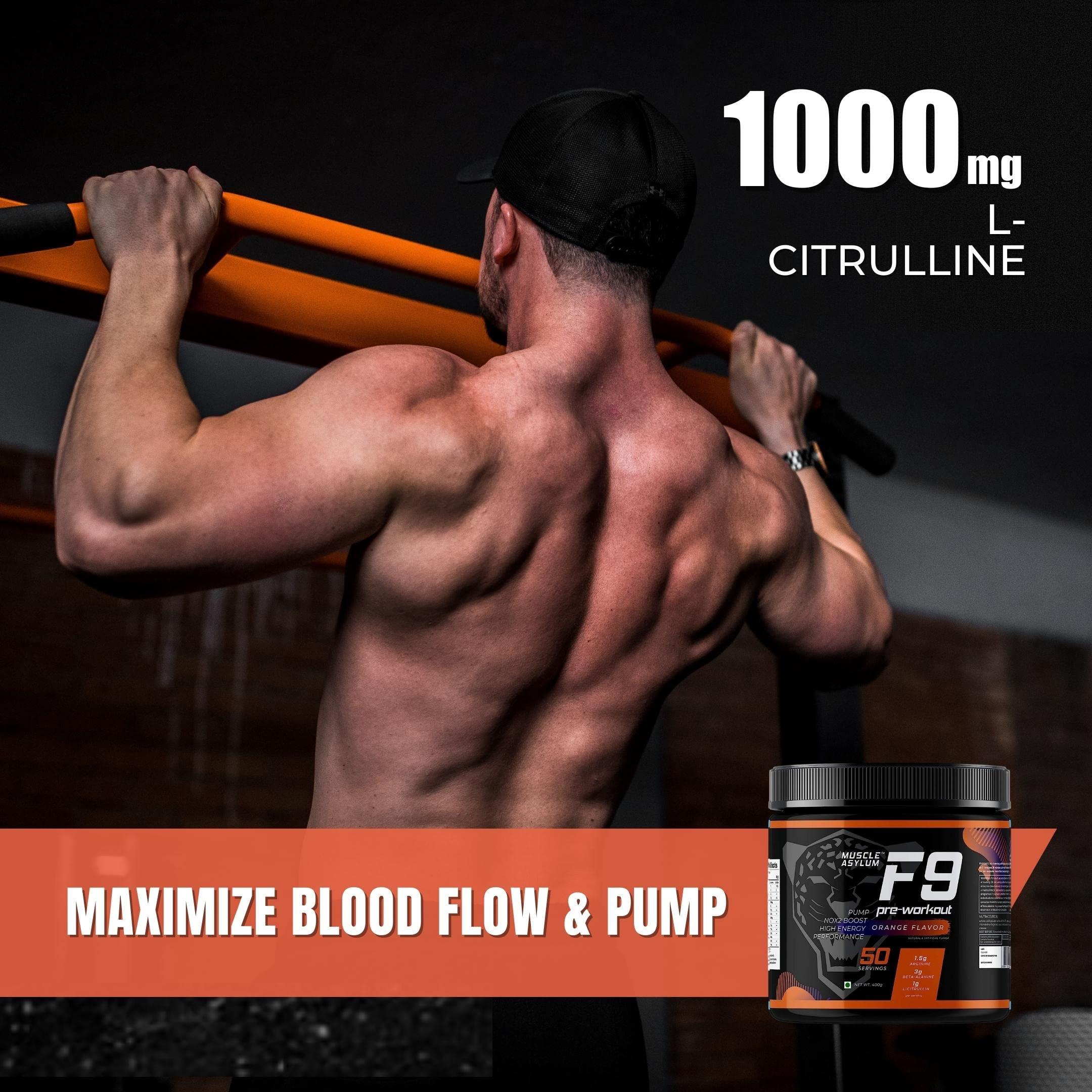 Muscle Asylum Muscle Asylum F9 Pre-Workout - 50 Servings, 400gm (Orange Flavor) | Boosts Energy & Endurance | Improves Focus