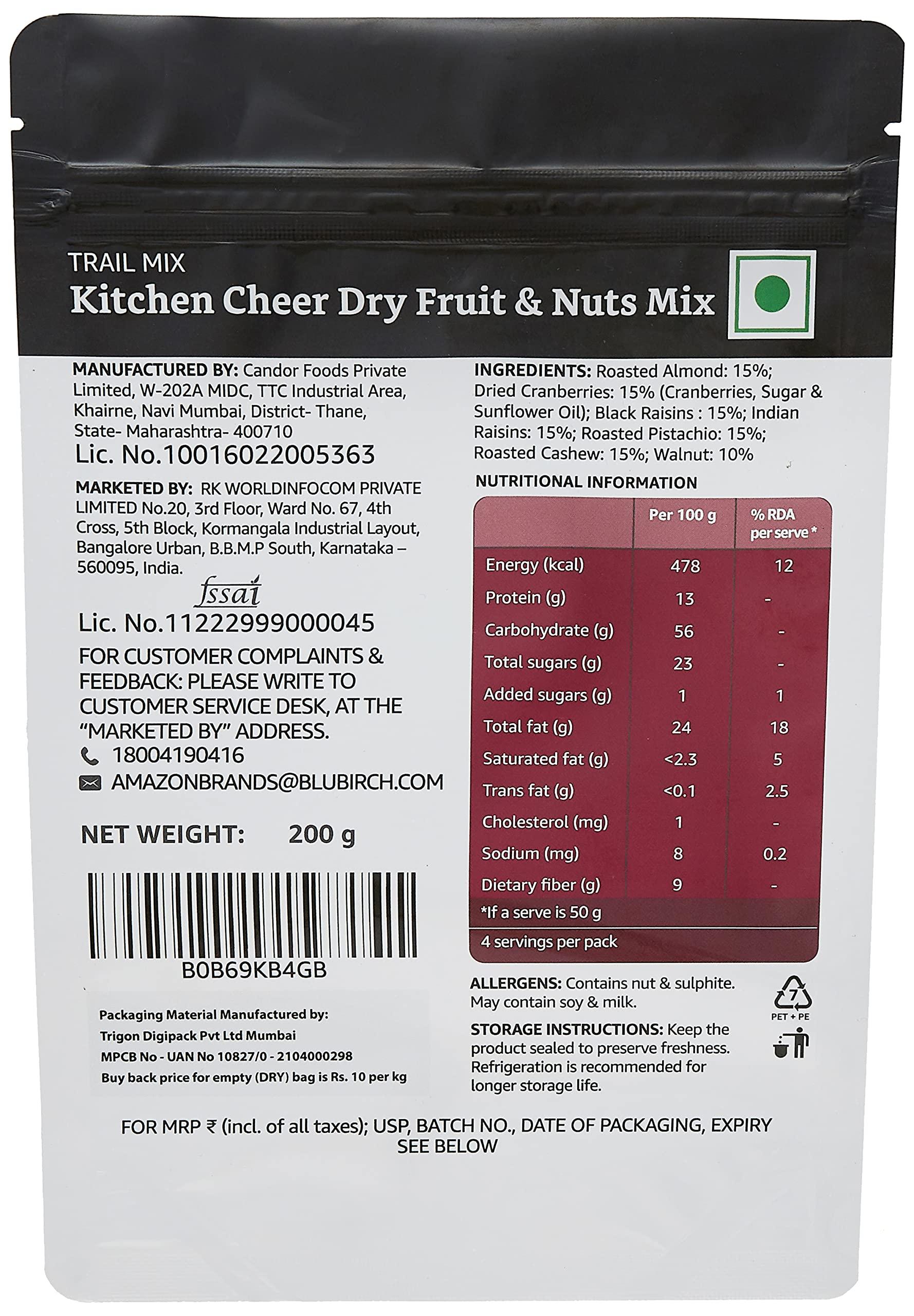 Amazon Brand - Kitchen Cheer Amazon Brand - Kitchen Cheer Dry Fruits and Nuts Mix | 200g Pouch | (Contains Roasted Almonds, Pistachios, Cashews and Walnuts Along With Dried Cranberries, Black Raisins & Indian Raisins)