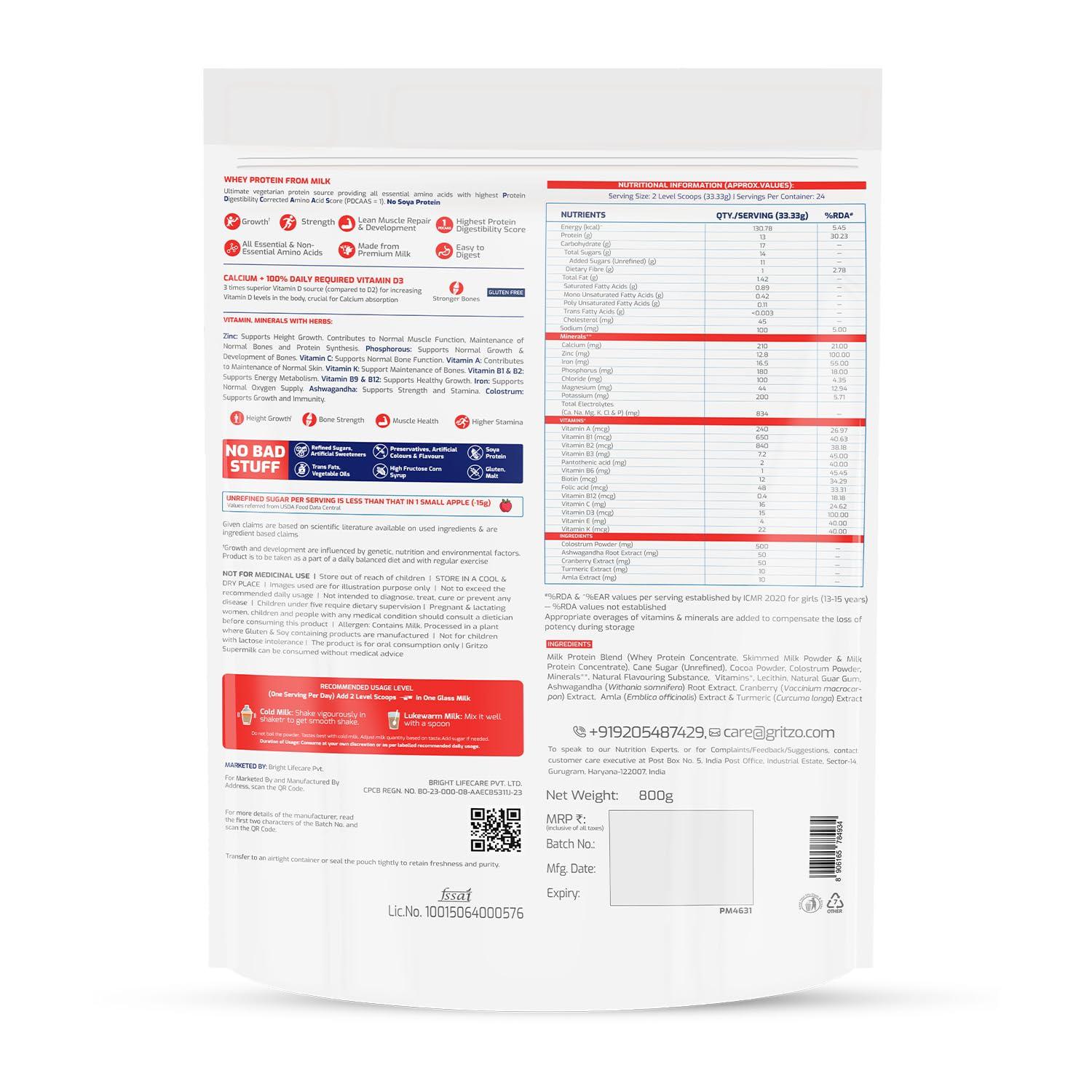 Gritzo Gritzo SuperMilk Height+ (13+y Girls), 13g Protein (Double Chocolate, 1kg) | Zero Refined Sugar, 21 Vitamins & Minerals