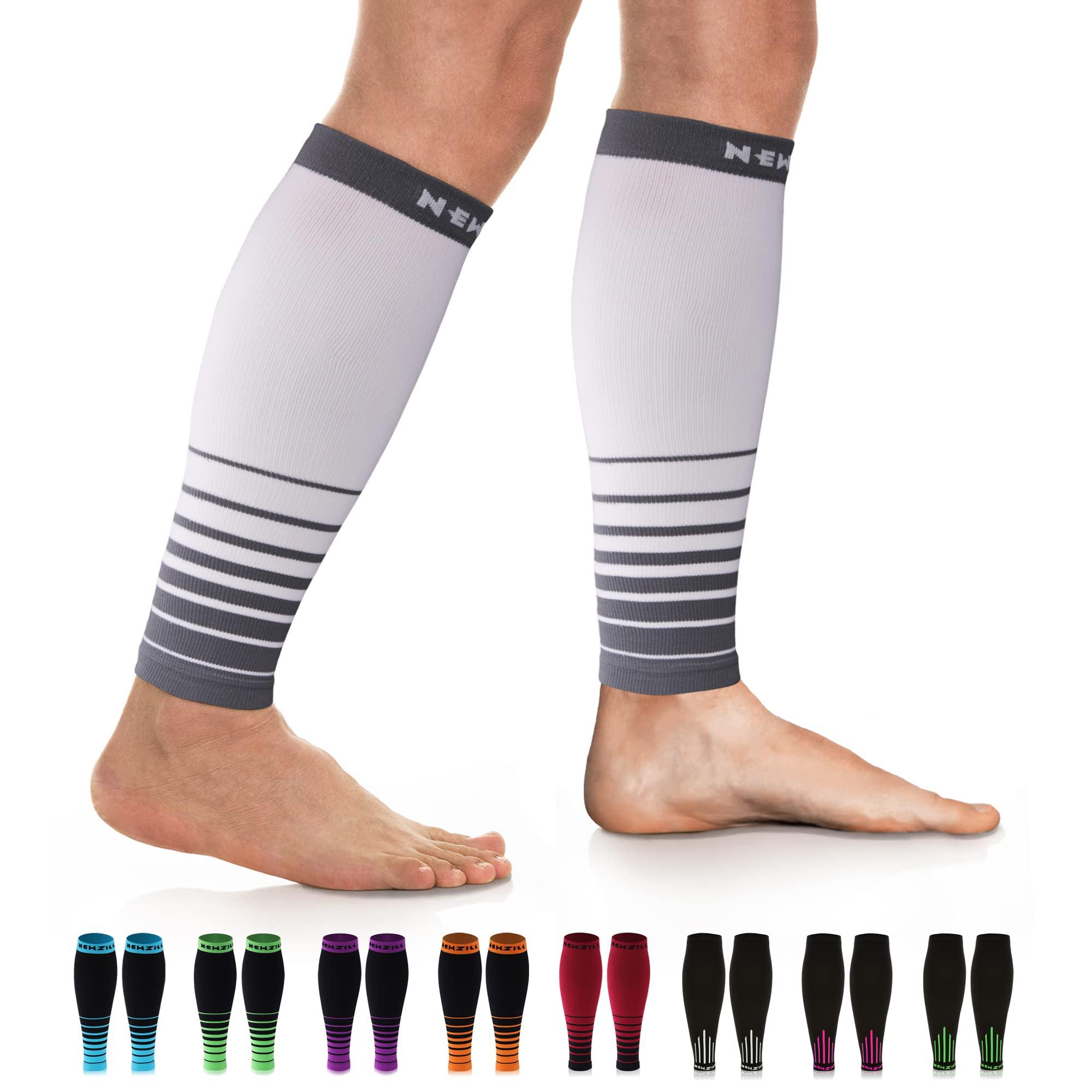 NEWZILL NEWZILL Calf Compression Sleeve for Men & Women | Footless Compression Socks for Shin Splint Relief, Varicose Veins | Leg Sleeve for Running, Travel, Nursing, Work, Fitness (L/XL i-White/Grey 1Pair)