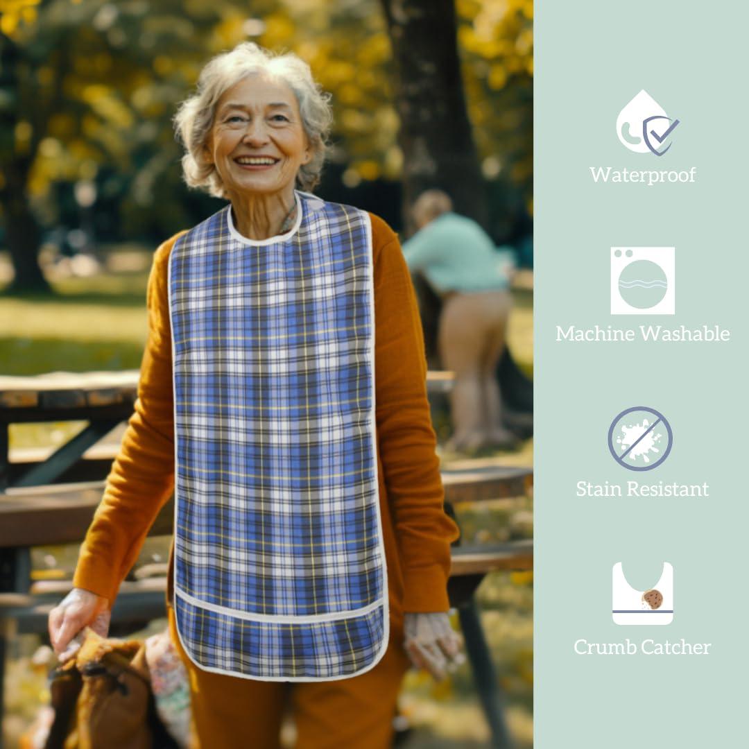 Modaliv Adult Bib - Reusable Clothing Protector - Waterproof - Crumb Catcher - Machine Washable - Velcro Closure - Extra Long Senior Men and Women Bibs for Eating by Modaliv (Blue)