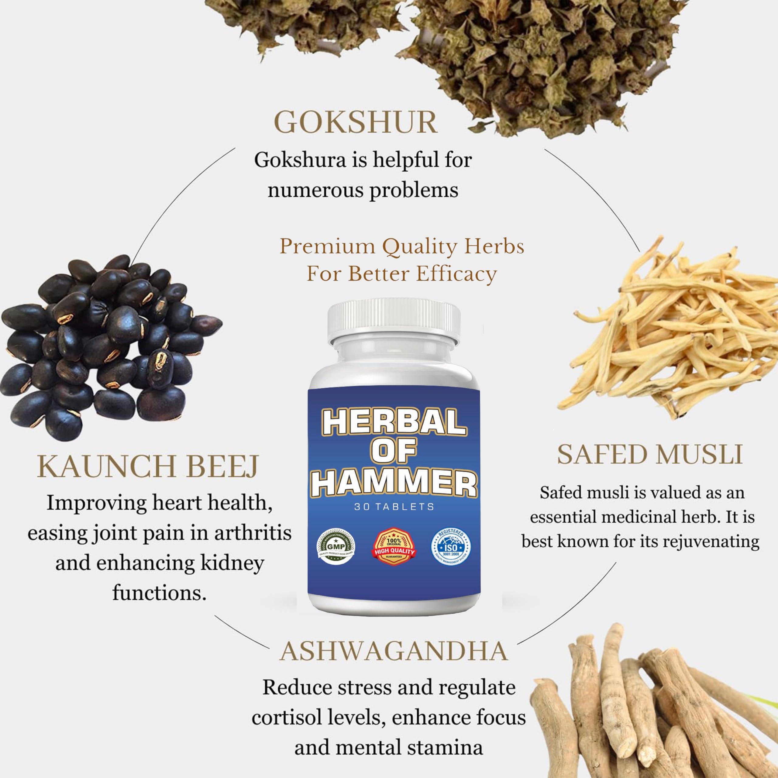 Herbal Hammer Herbal Hammer|Ayurvedic Strength,Energy Booster| Helps Restores Energy & Hardens Relaxing Muscles Safed Musli,Ashwagandha,Gokshura | Clinically Approved| 30 Tablets | Pack Of 2