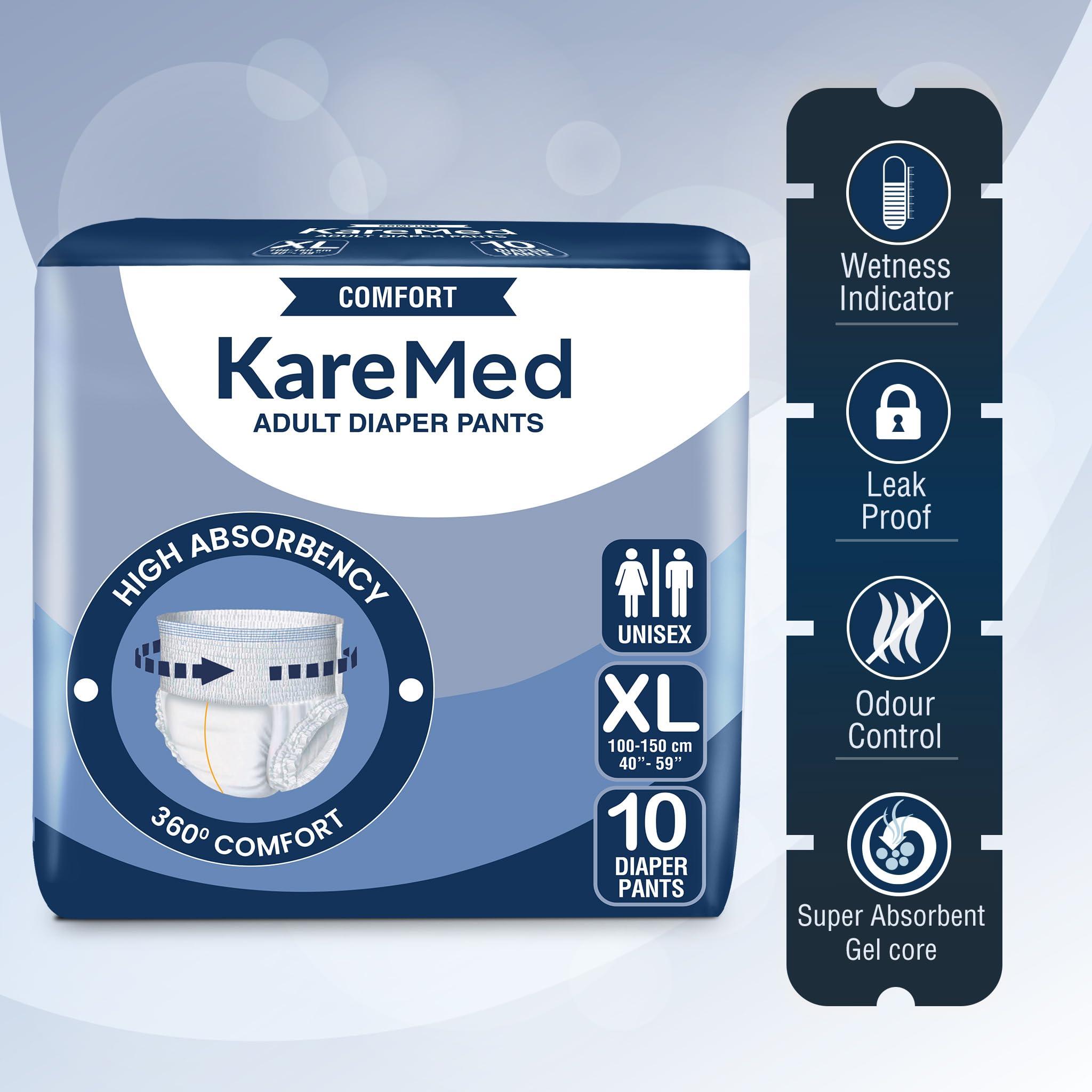 KareMed KareMed Comfort Adult Diaper Pants, Extra Large 100-150 Cm (40\"- 59\"), Unisex, Leakproof, Elastic Waist, Wetness Indicator, Pack of 3, 30 Count