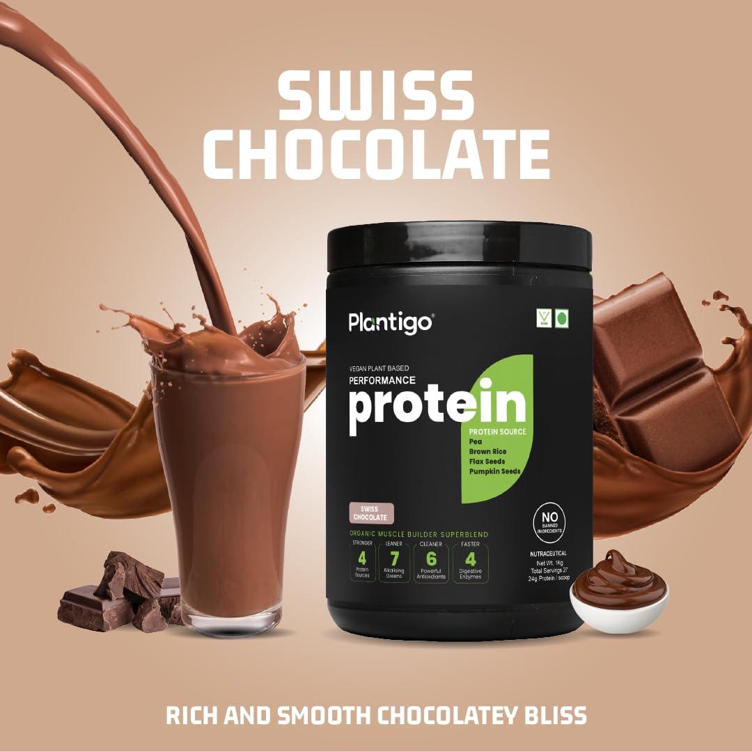 PLANTIGO Plantigo Plant Protein Powder for Men, Women | 24g Clean & Green Vegan Pea Protein Isolate, 4.4g BCAA, 4g Fiber, 2g Leucine, All Amino Acids, 4x Fast Digestion, 95% Absorption, Swiss Chocolate 1kg