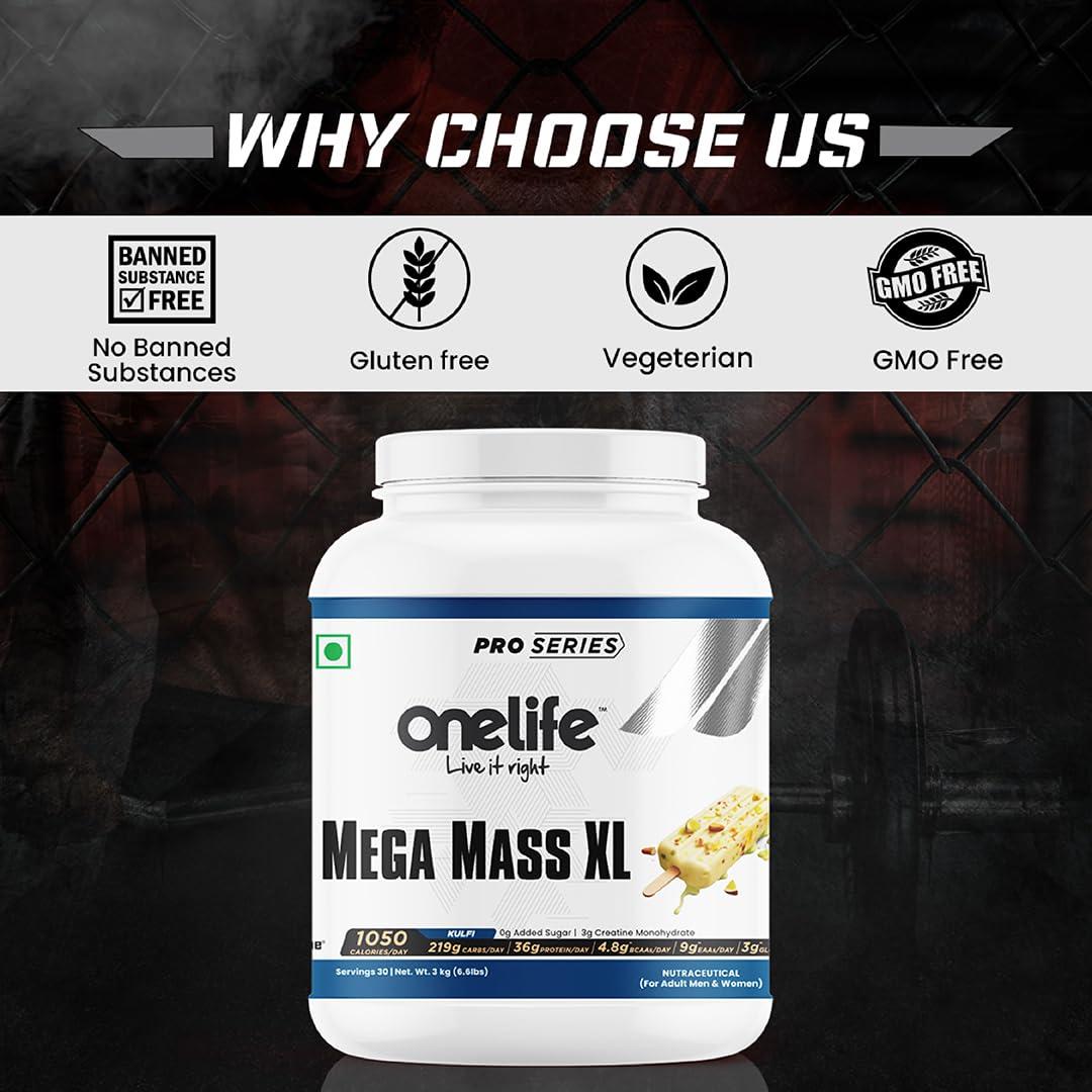 OneLife Onelife Mega Mass Gainer XL | 1050 Calories/day, 219 Carbs/day, 36g/day Protein, Vitamins & Minerals I For Lean Mass & Muscle Gain I No Added Sugar, Powered with Digezyme I Kulfi Flavour 3kg