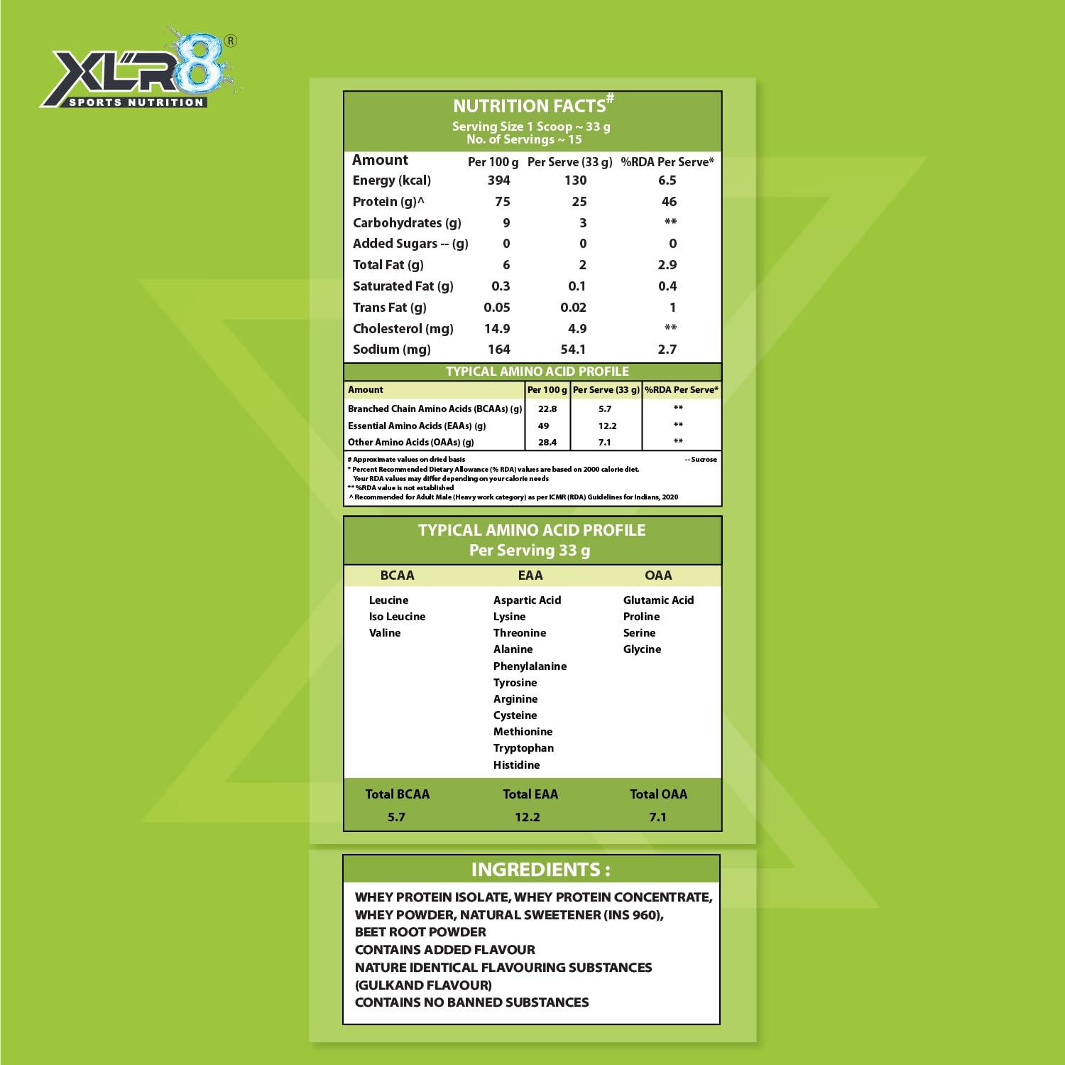 XLR8 XLR8 Natur Iso Gold Whey Protein Isolate, 25g Protein, 5.7g BCAA, Sweetened with Stevia, VEGETARIAN, ZERO SUGAR, Muscle Support and Recovery (500 g (Pack of 1), Gulkand Flavour)