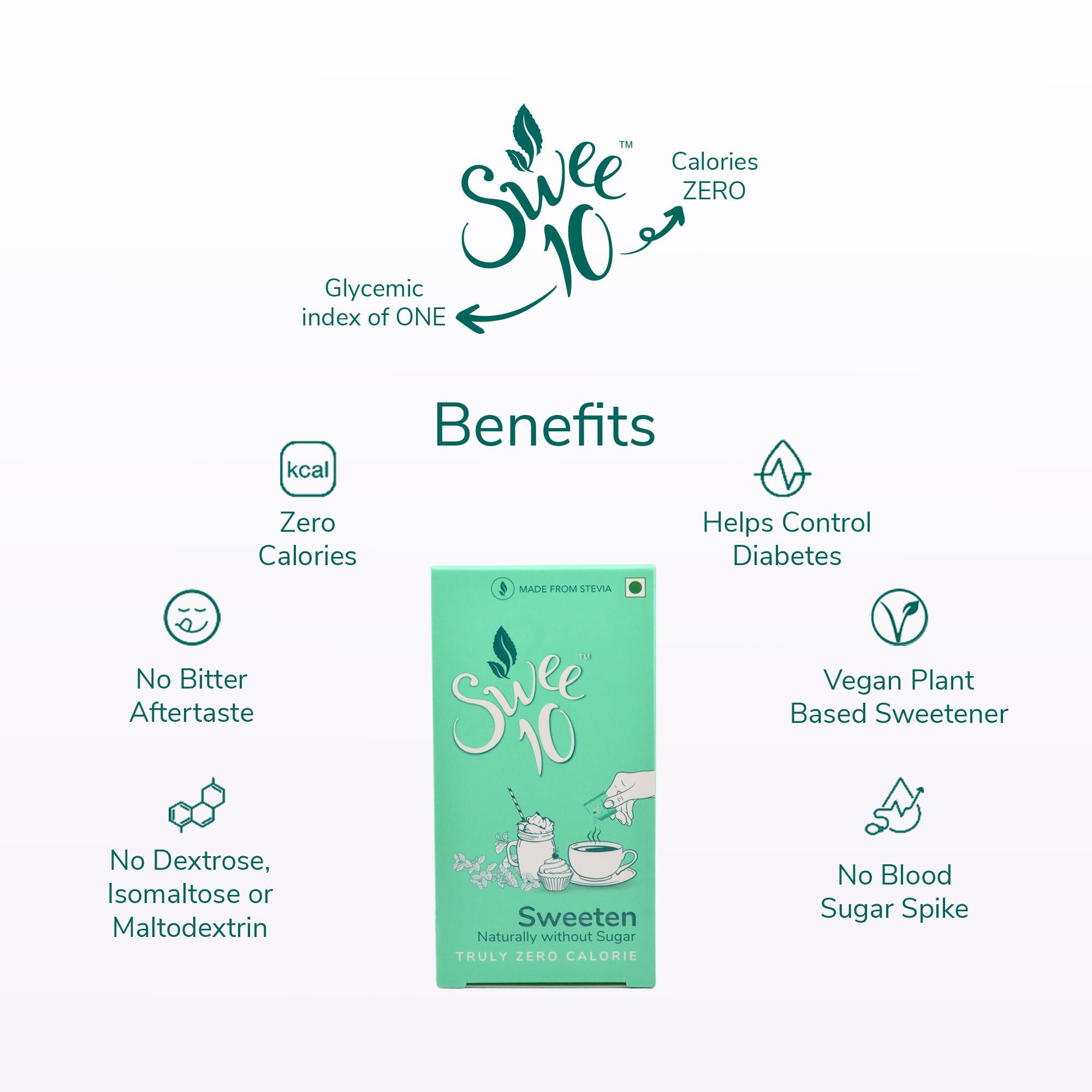 SWEE10 Swee10 Natural Stevia Sweetener - Zero Calorie Sugar Substitute for Low Sugar, Low Carb Diets - Vegan, Non-GMO Powder for Hot & Cold Drinks, Making Coffee & Tea, Cooking & Baking 90g Sachet Box