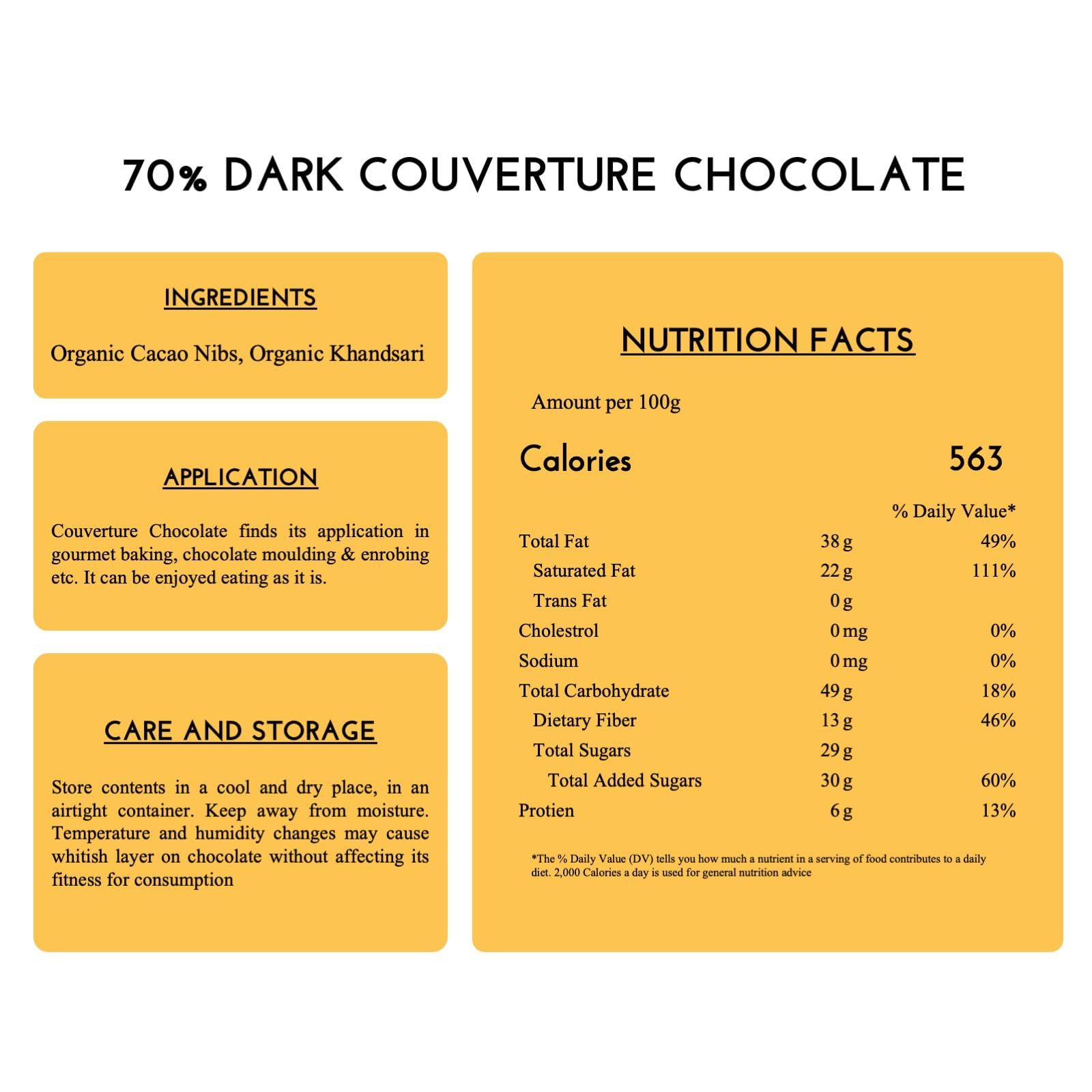Sihi Chocolaterie Sihi Chocolaterie - 70% Dark Chocolate Couverture, Organic & Non Alkalized|No White Sugar|Smooth & Creamy|Best For Baking Or Eating|High In Antioxidants|Vegan, Plant Based - 150G (Pack Of 1)