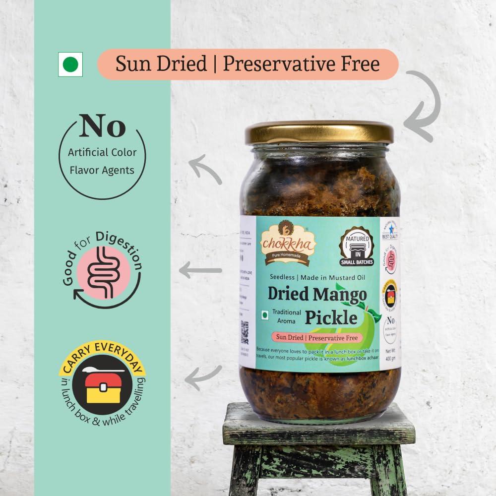 Chokkha Chookha Traditional Homemeade Mango & Hing Mango Pickle Combo | No colour Added | Vegan | 100% Oil-Free | Combo of 2 | 200 Gm Each
