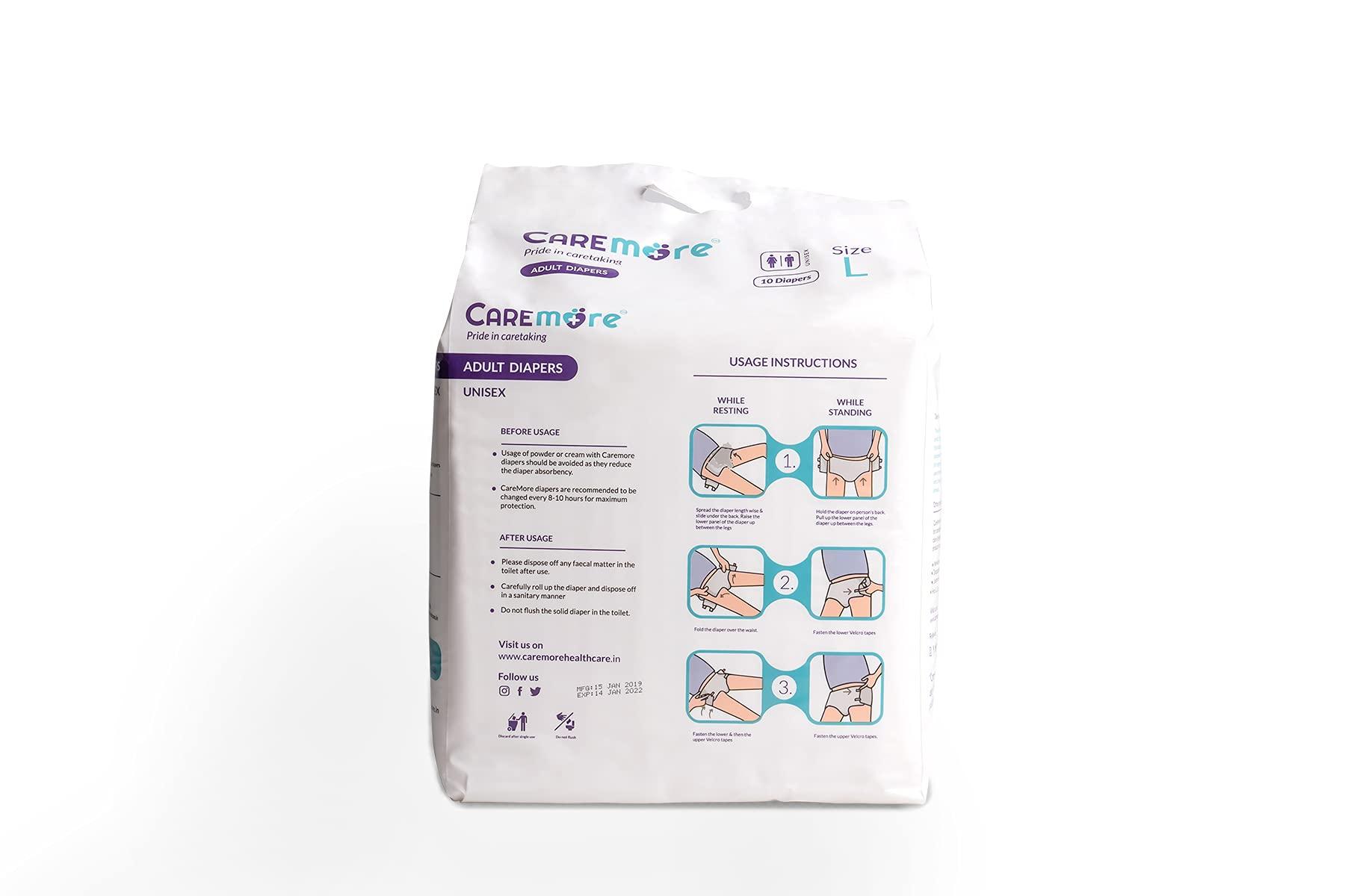 Medura Healthcare CareMore Unisex Adult Diapers- 34-60 inch Waist (10 Pcs), High Absorbance light weight diapers (Large)