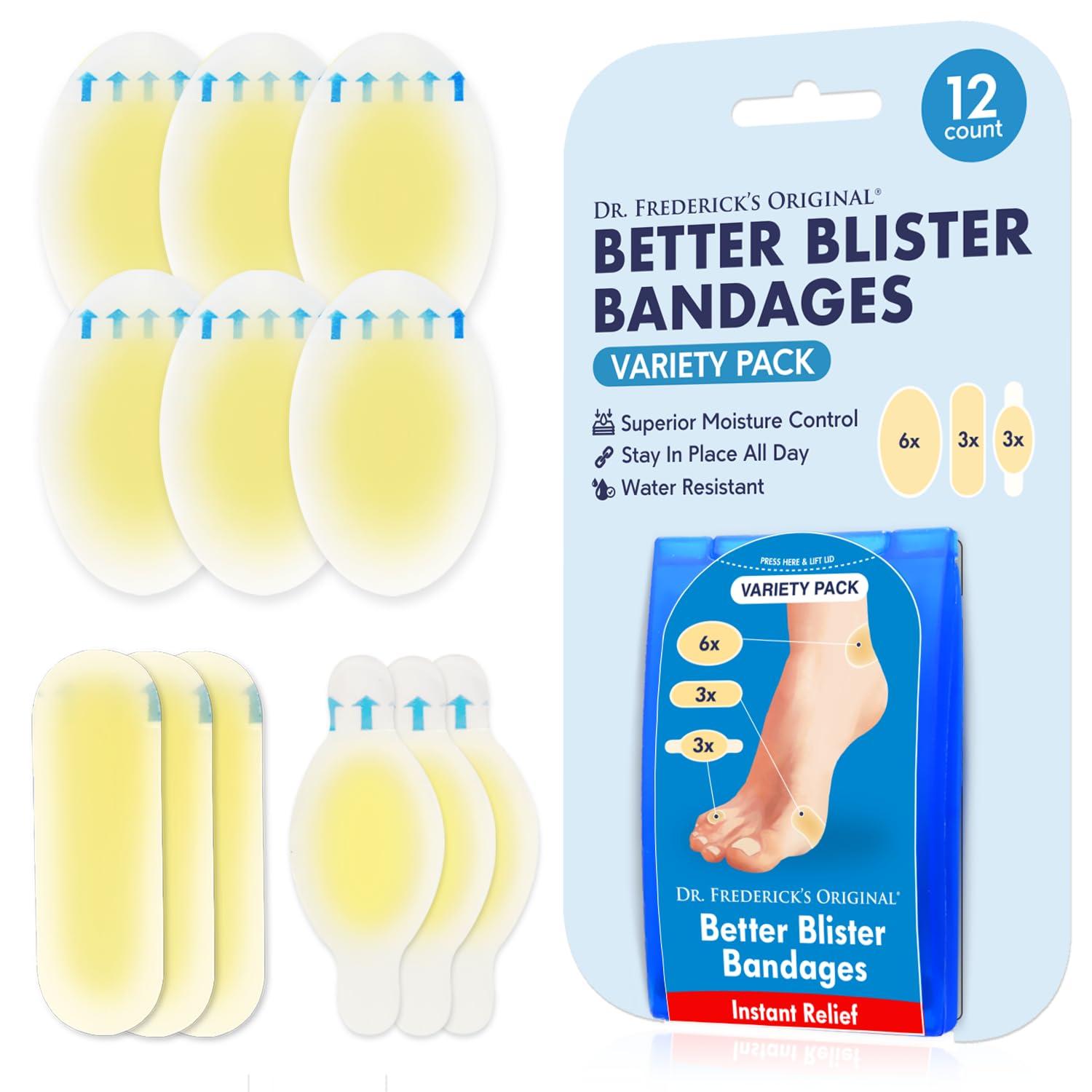 Dr. Frederick\'s Original Dr. Fredericks Original Better Blister Bandages - 12 ct Variety - Waterproof Hydrocolloid Bandages for Foot, Toe, & Heel Blister Prevention & Recovery - Blister Pads