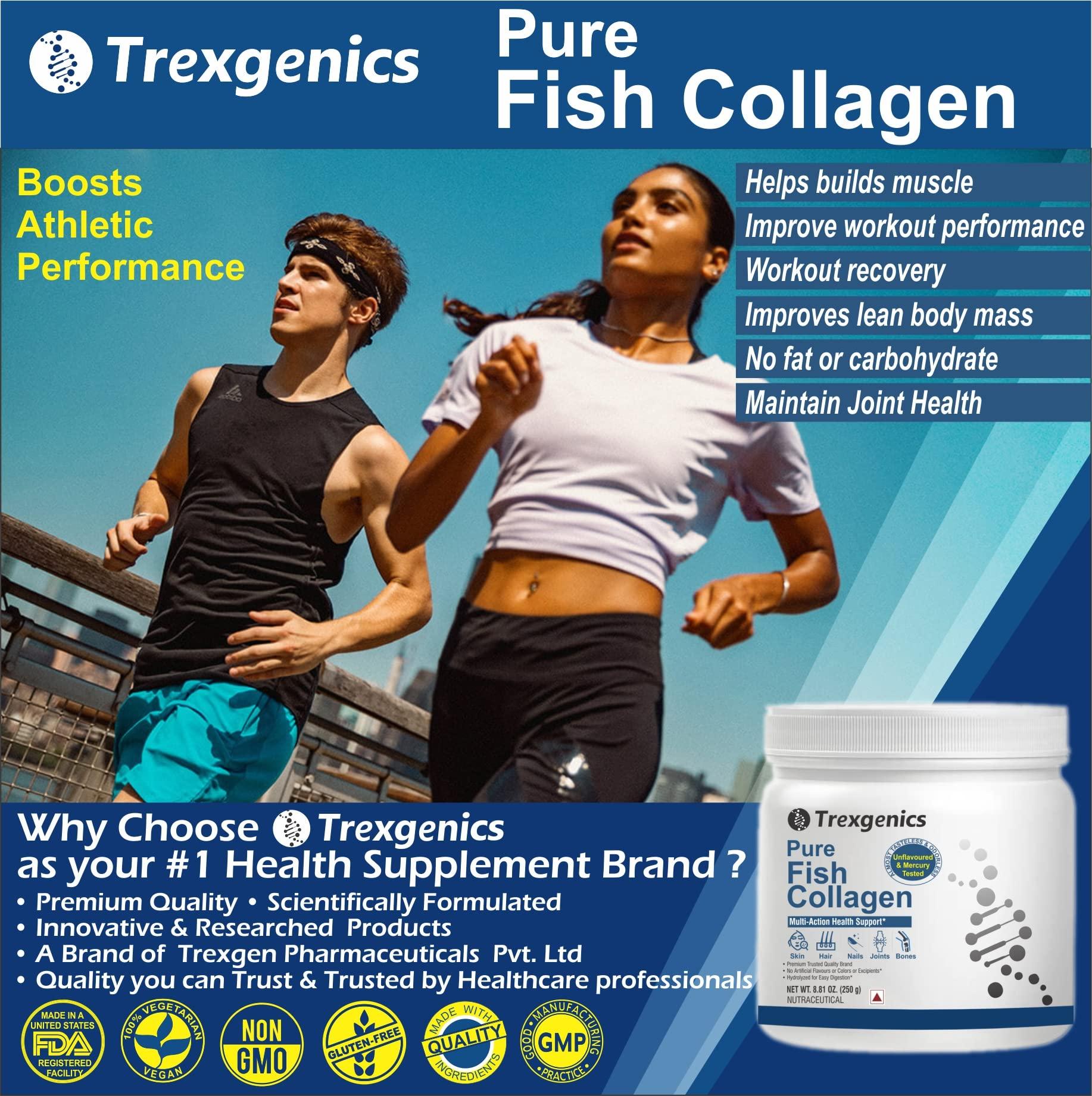 Trexgenics Trexgenics PURE FISH COLLAGEN Unflavoured, Mercury Tested, Almost Odorless & Tasteless Skin, Hair, Nails, Joint & Bone Support (250 gram) (Pack of 1)