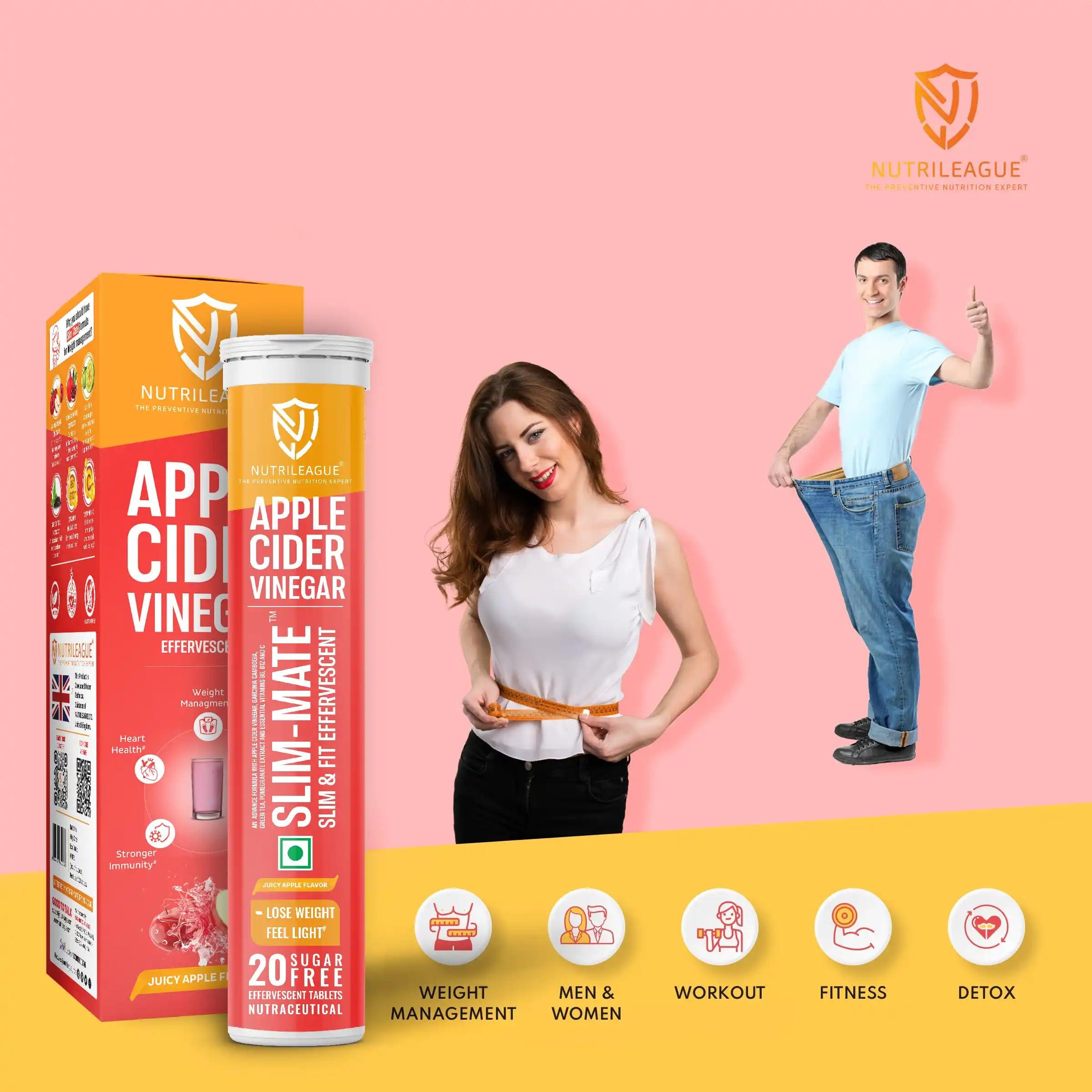 Nutrileague Nutrileague Slim-Mate (Slim & Fit) Effervescent Tablet | Apple Cider Vinegar with Mother (ACV) | 20 Tabs Each | Apple Flavour | Sugar-Free | Vegan | Garcinia Cambogia, Pomegranate, Green Tea & Vitamin C, B6, B12