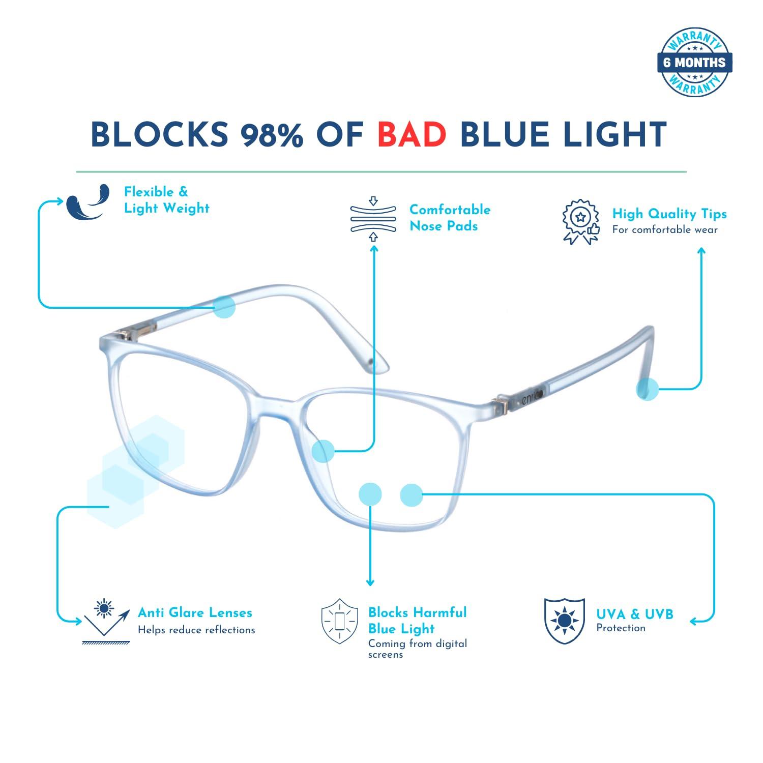 ENRICO ENRICO Bluno Square Zero Power Computer Blue Light Blocking Glasses | Anti Glare Blue Light Filter Glasses for Eye Protection from Laptop/Mobile Screen | Blue cut Reading Glasses for Men & Women
