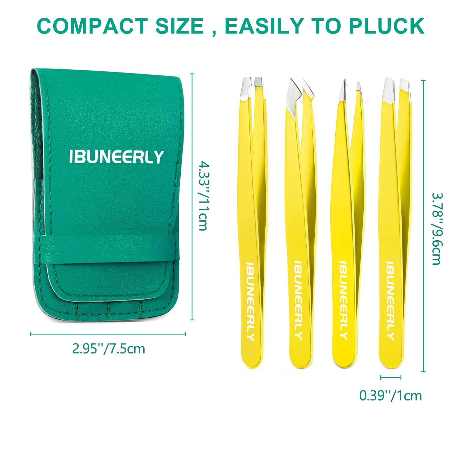iBuneerly Tweezers Set, 4Pcs Tweezers for Women with Travel Leather Case, Professional Stainless Steel Eyebrows Tweezers, Great Precision Tweezers for Ingrown Hair, Facial Hair, Splinter Removal(Yellow)