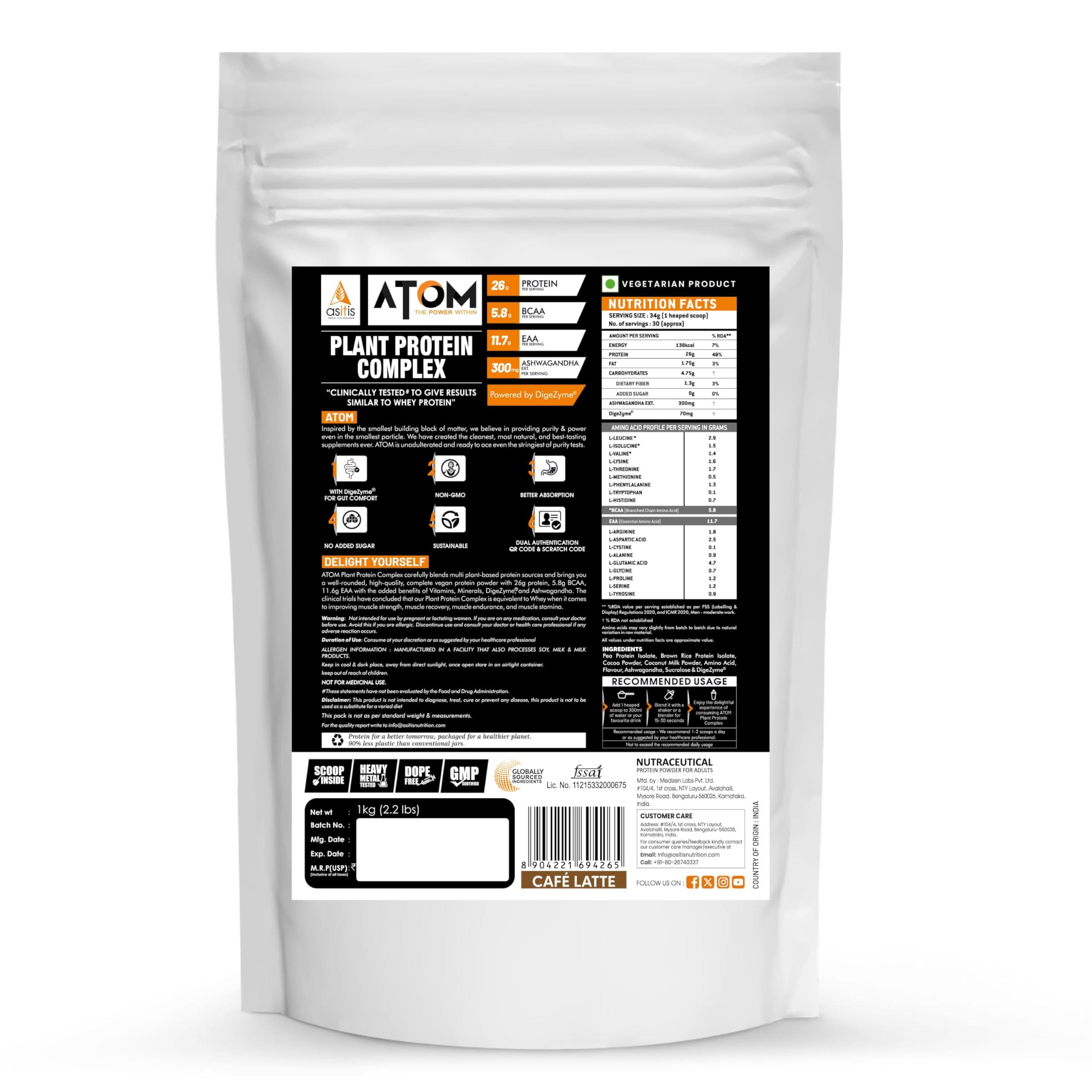 Asitis Nutrition AS-IT-IS Nutrition ATOM Plant Protein Complex I Clinically Tested Whey Protein Equivalent I 26g Protein I Ashwagandha-Infused Vegan Protein - 1kg, Caf Latte